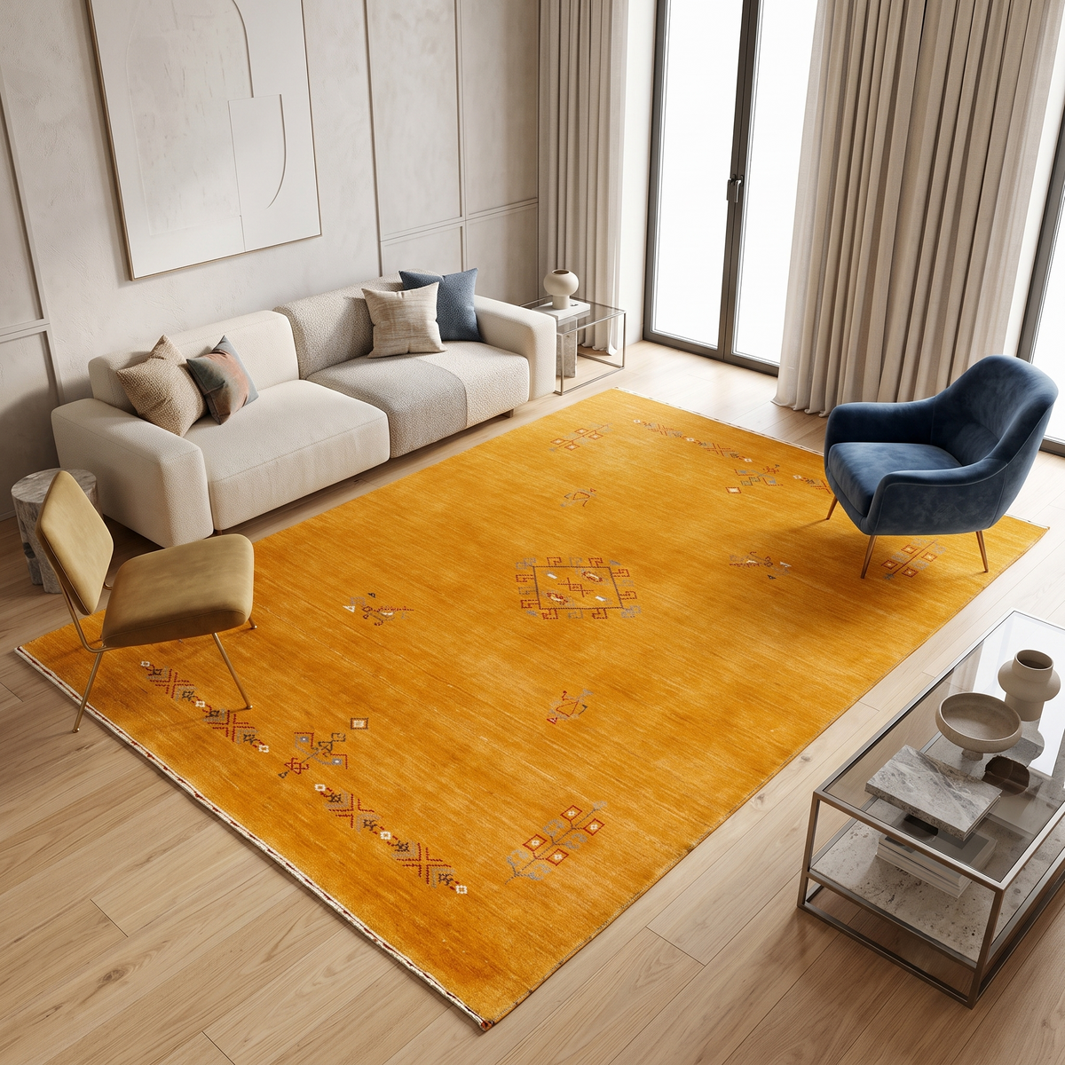 Golden ochre Hand Woven Loom Lori wool rug with central diamond tribal medallion styled in a warm contemporary living room