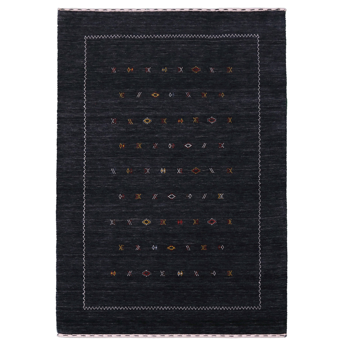 Full view of charcoal black Hand Woven Loom Lori wool rug with horizontal rows of multicolour tribal motifs and ivory zigzag border