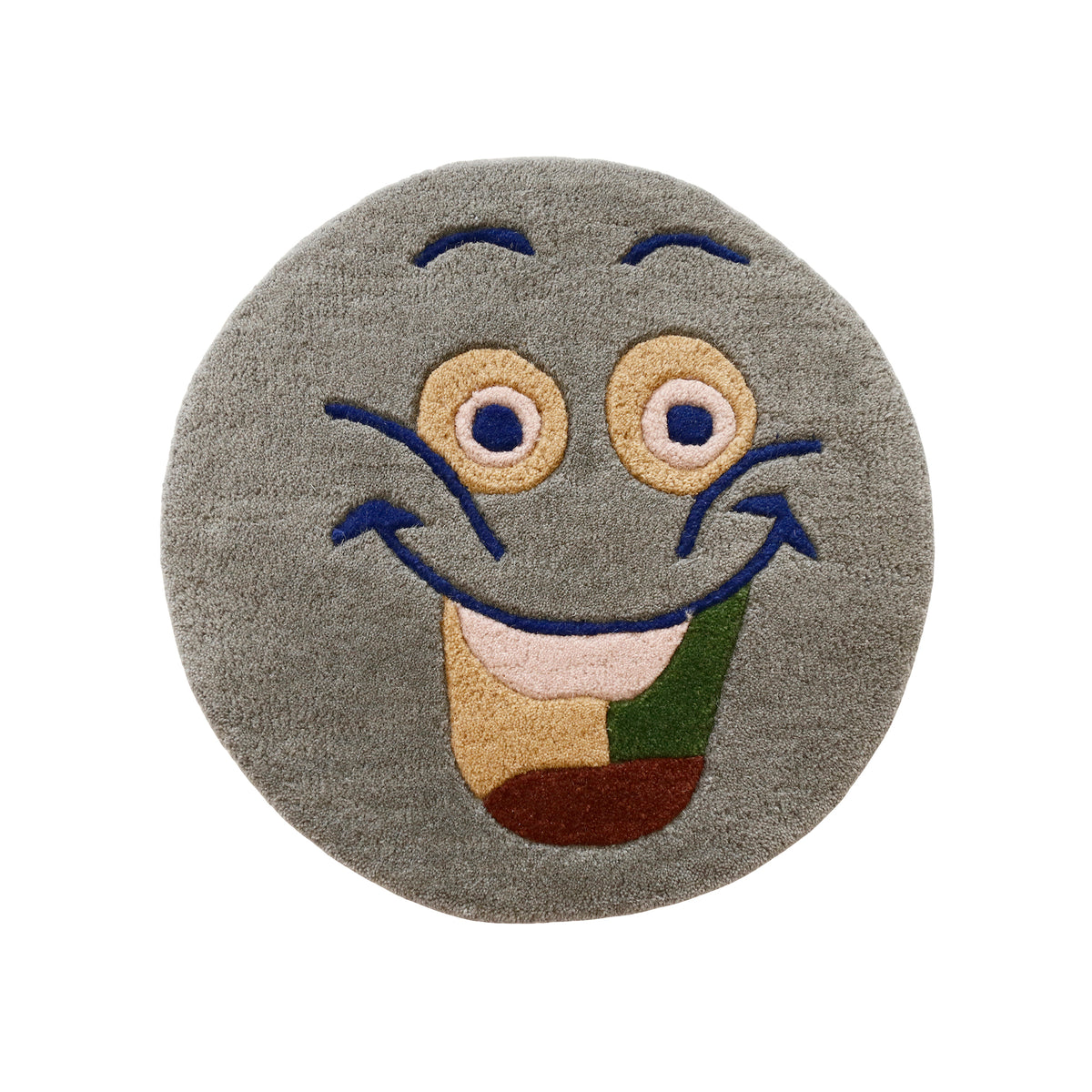 Full view of grey round hand tufted wool kids rug featuring a cheerful smiley face with navy blue, beige, cream, green and rust details.