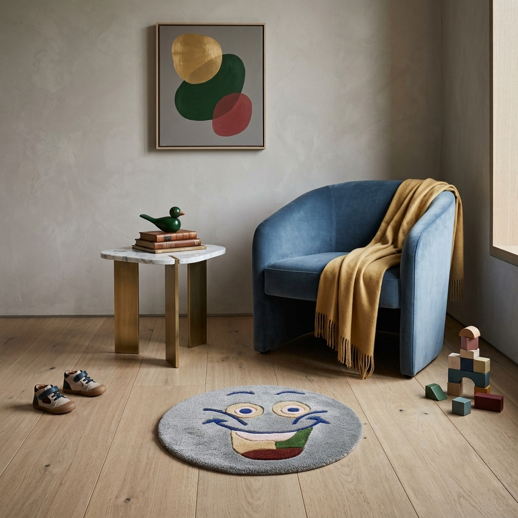 Grey smiley face hand tufted wool kids rug styled in a playful children’s bedroom with modern furniture and colourful decor.
