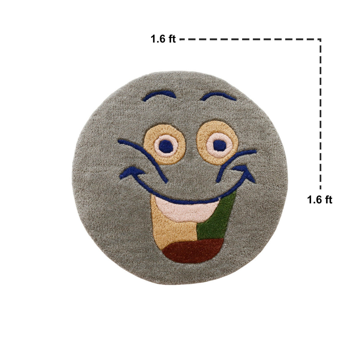 Close-up of grey smiley face hand tufted wool kids rug highlighting its soft wool texture, plush pile and raised colourful facial details.