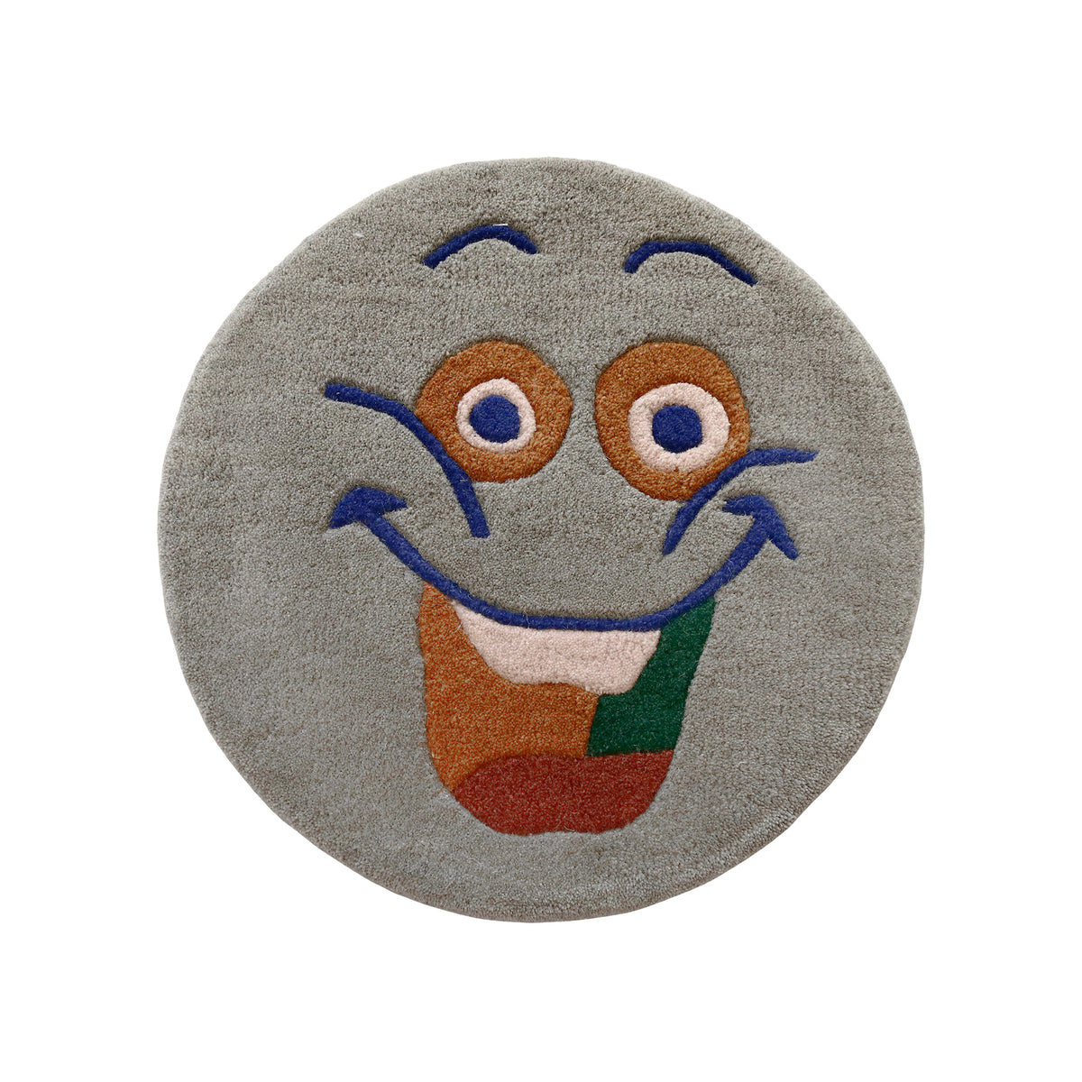 Full view of grey round hand tufted wool kids rug featuring a cheerful smiley face with blue, orange, blush pink, green and rust details.