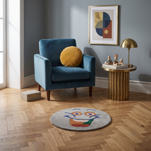 Grey smiley face hand tufted wool kids rug styled in a playful children’s bedroom with modern furniture and colourful decor.