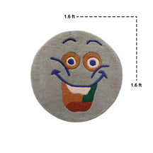 Close-up of grey smiley face hand tufted wool kids rug highlighting its soft wool texture, plush pile and raised colourful facial details.