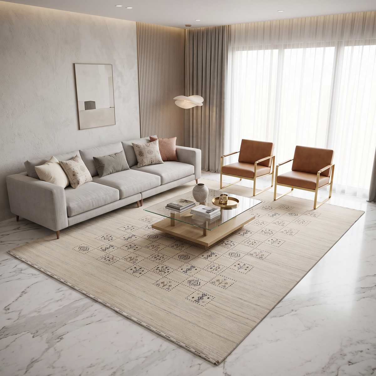 Ivory beige Hand Woven Loom Lori wool rug with central tribal geometric grid motifs styled in an elegant neutral living room