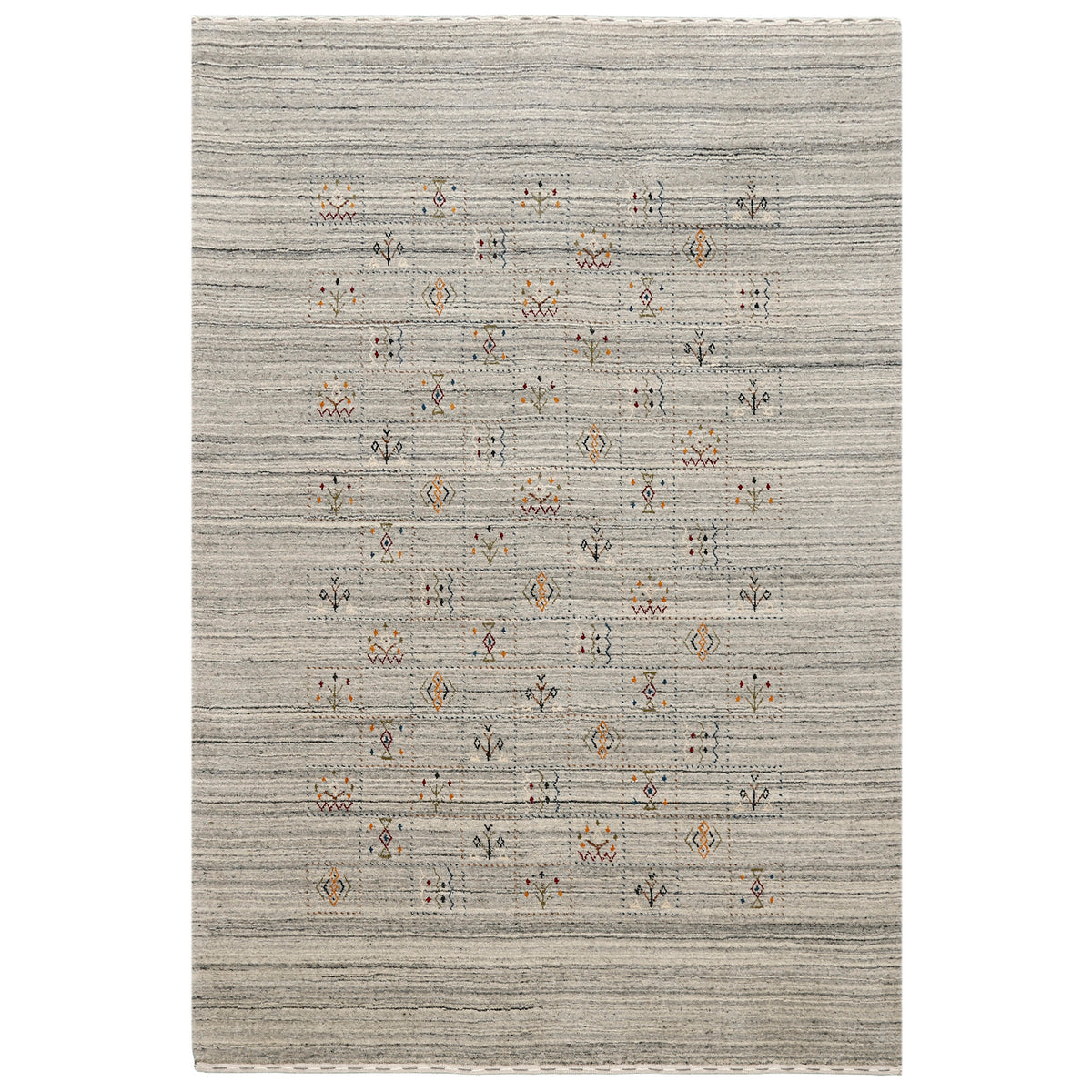 Full view of ivory grey Hand Woven Loom Lori wool rug with charcoal striations and scattered geometric folk motifs