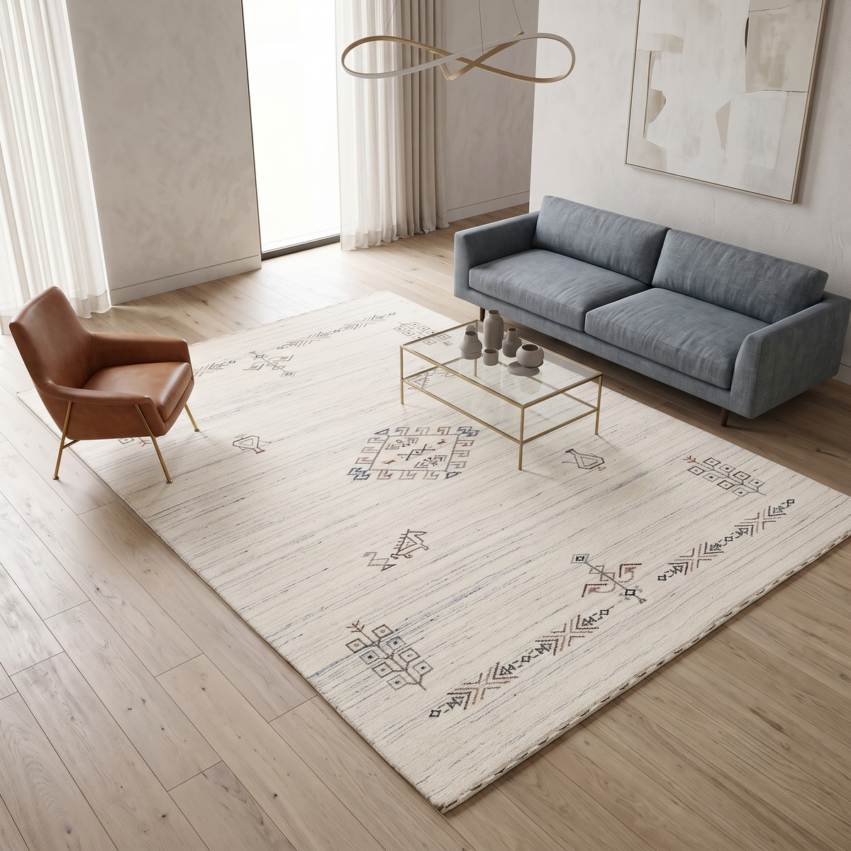 Ivory cream Hand Woven Loom Lori wool rug with central diamond medallion styled in an elegant neutral living room