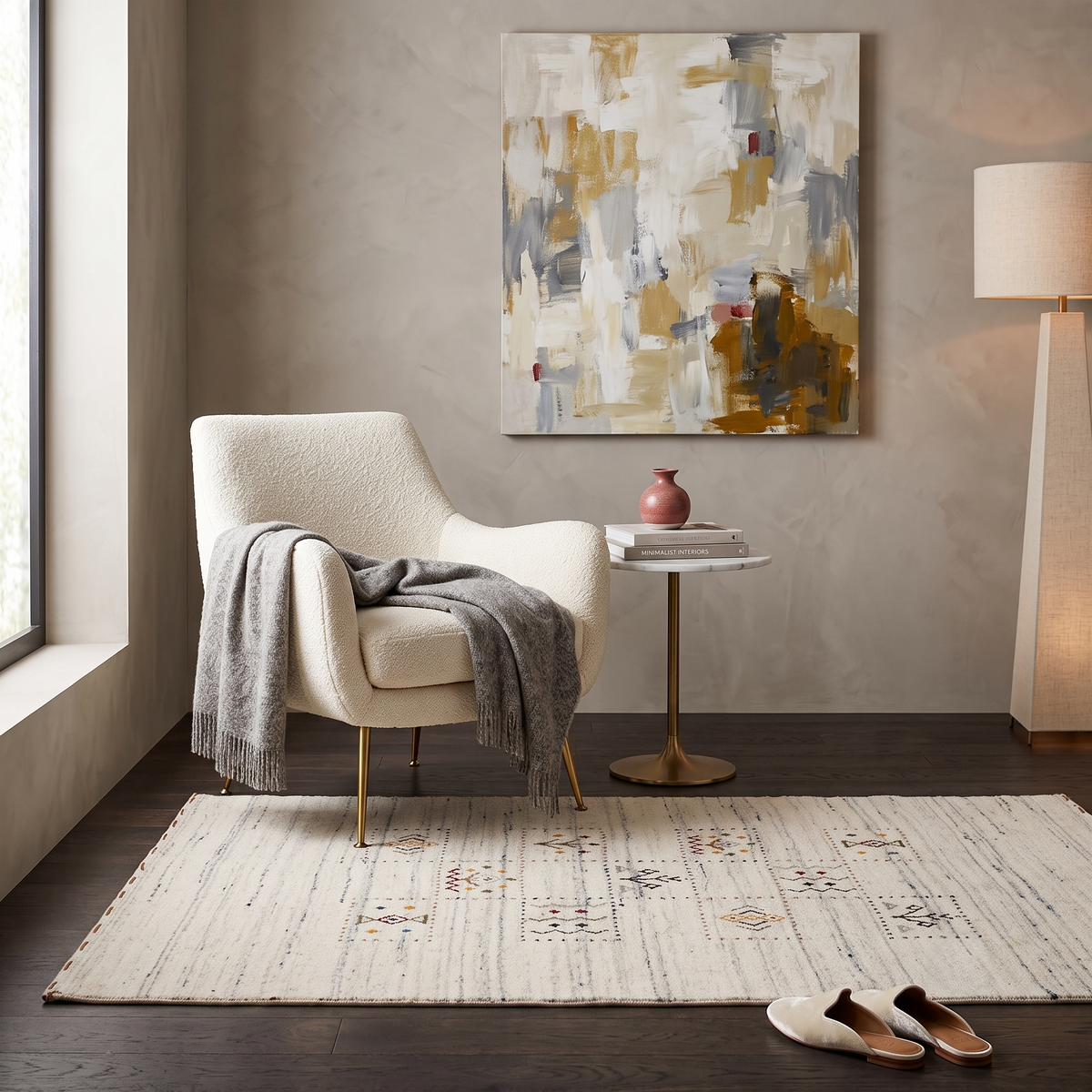 Ivory cream Hand Woven Loom Lori wool rug with stepped tribal motif panels styled in an elegant neutral living room