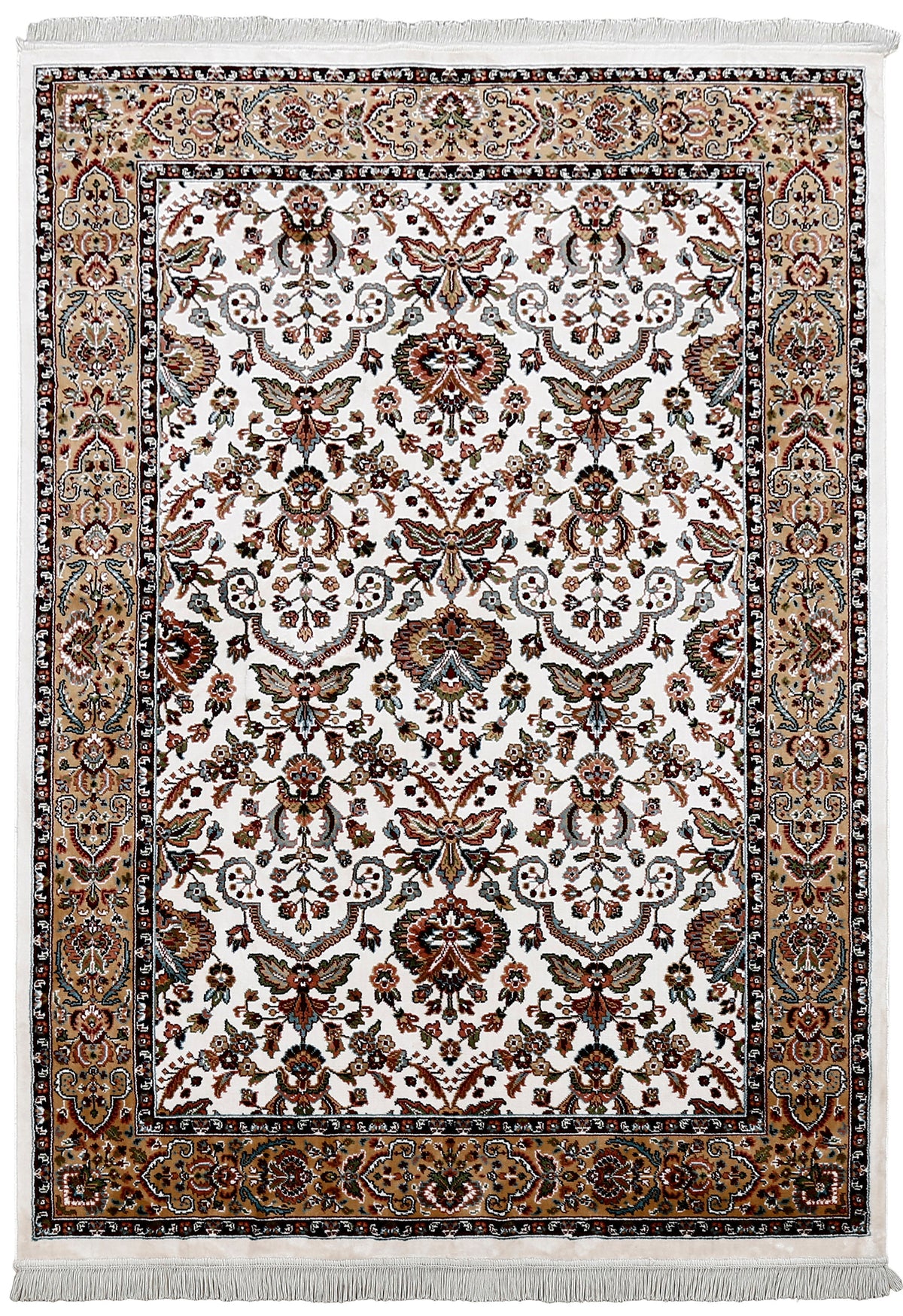 Full view of Ivory Machine Woven Classic Art Silk Rug with beige ornamental border and floral design