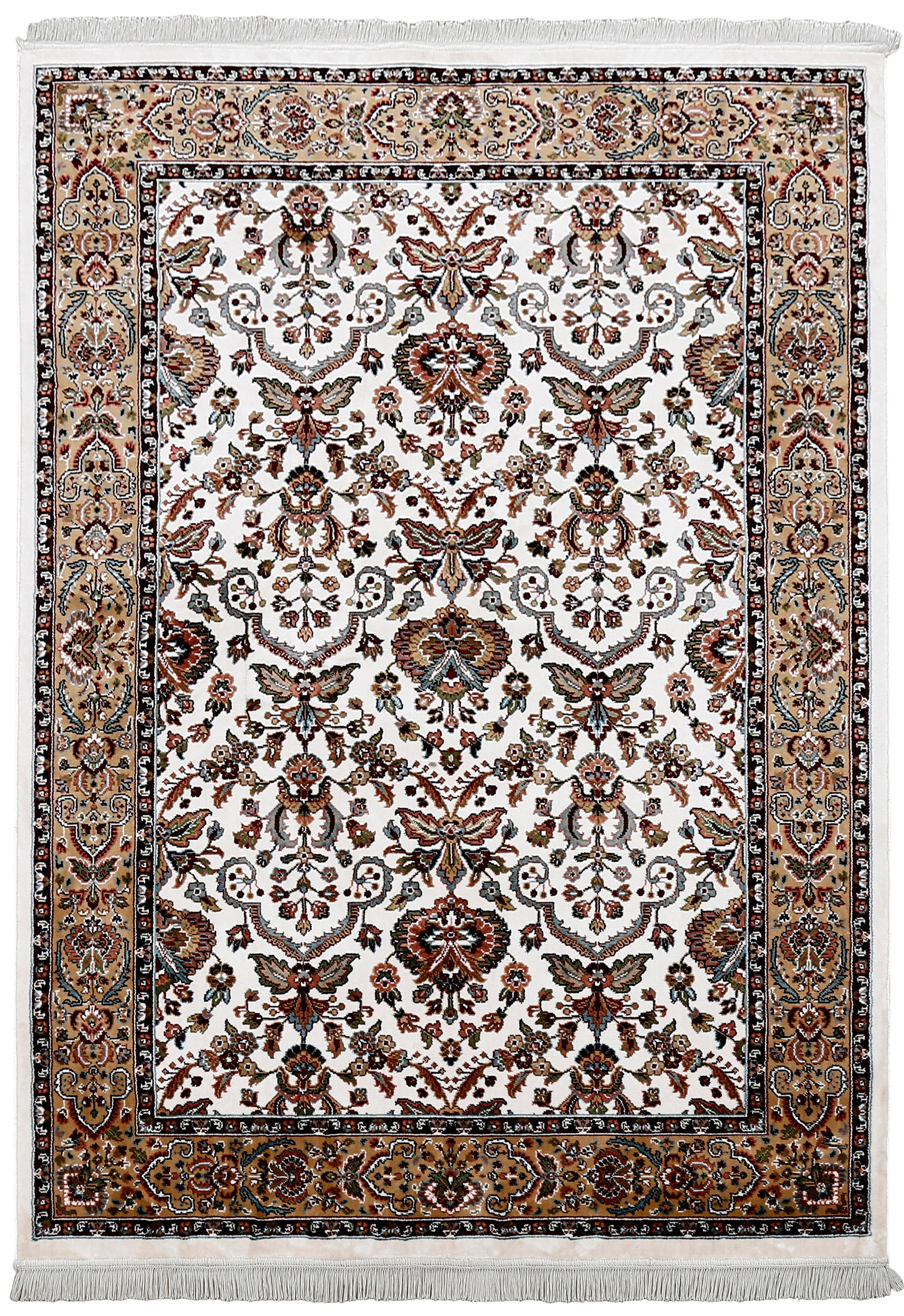 Full view of Ivory Machine Woven Classic Art Silk Rug with beige ornamental border and floral design