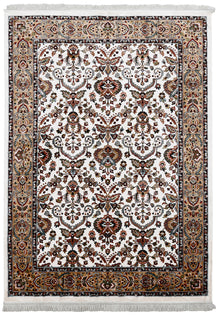 Full view of Ivory Machine Woven Classic Art Silk Rug with beige ornamental border and floral design
