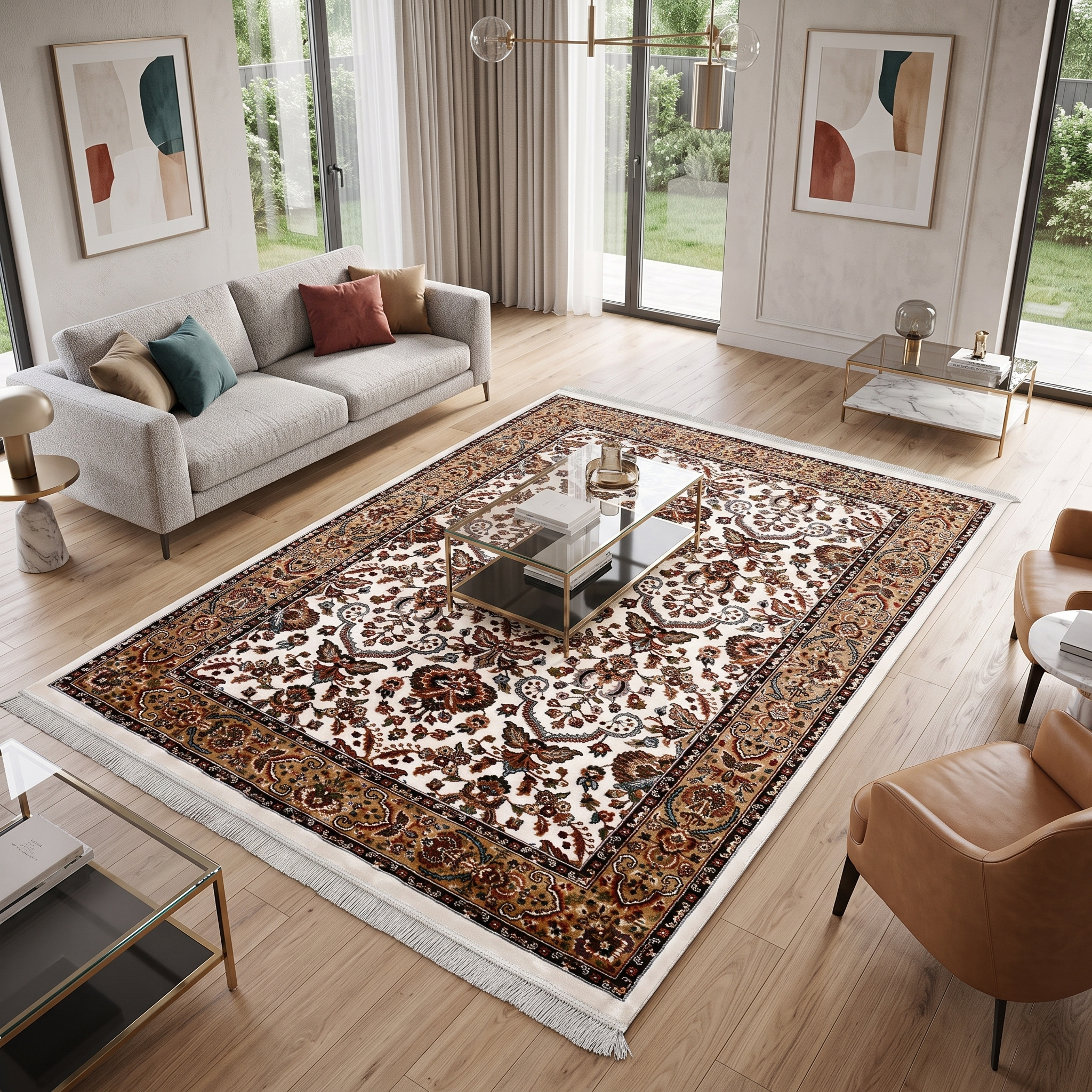 Ivory Floral Machine Woven Classic Art Silk Rug styled in an elegant interior by Khushi Living