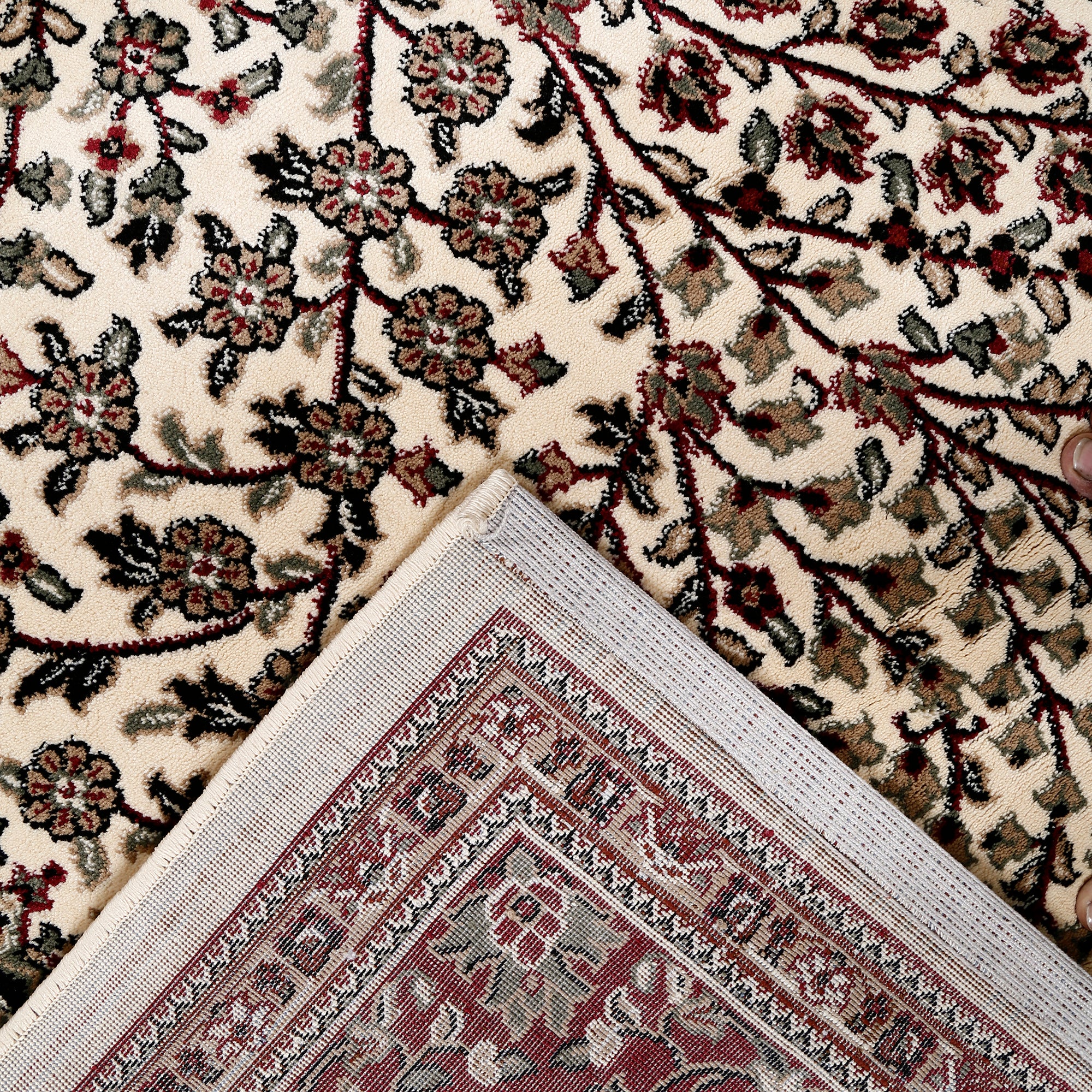 Corner and edge detail of Ivory Floral Medallion Machine Woven Classic Art Silk Rug with red ornamental border