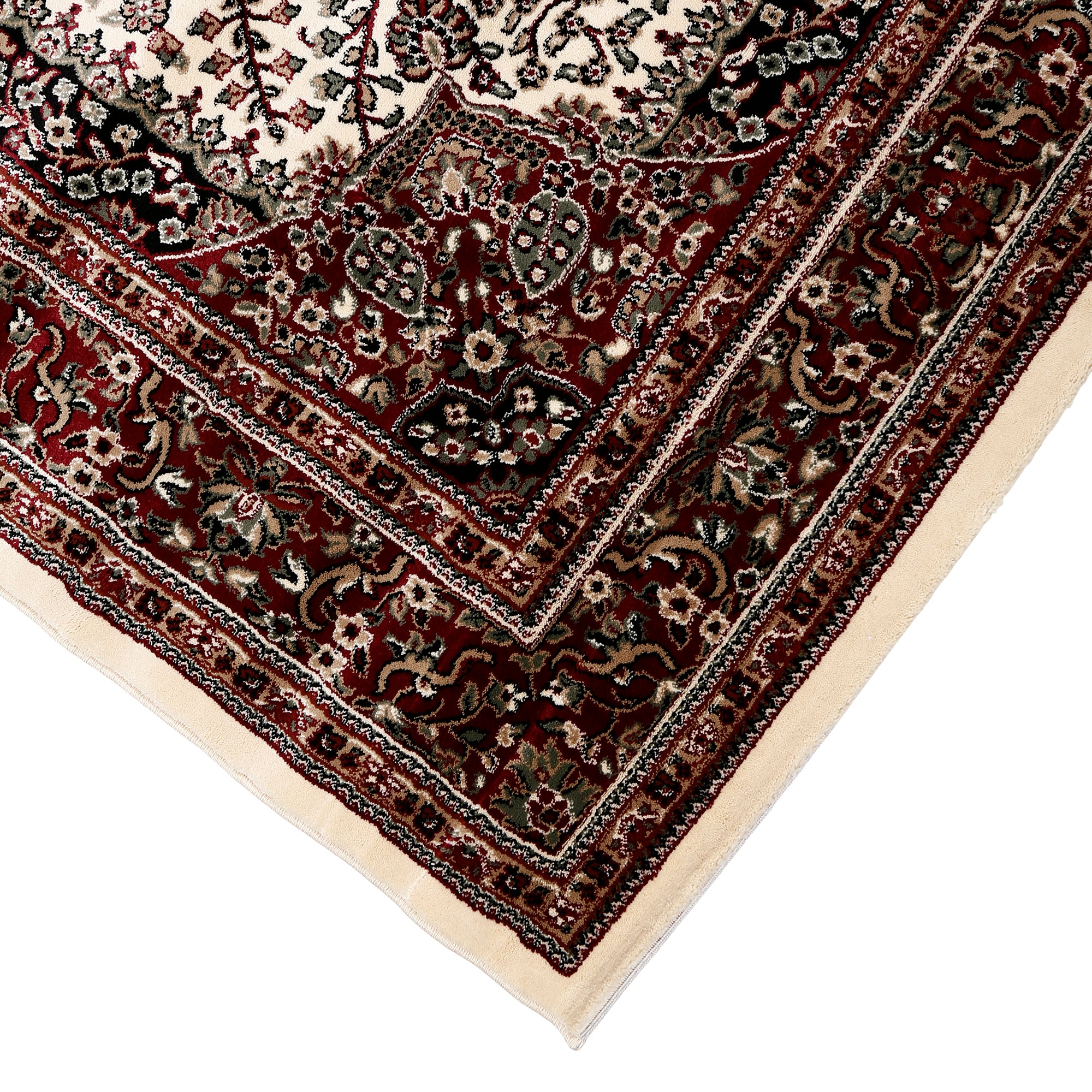 Corner and edge detail of Ivory Floral Medallion Machine Woven Classic Art Silk Rug with red ornamental border