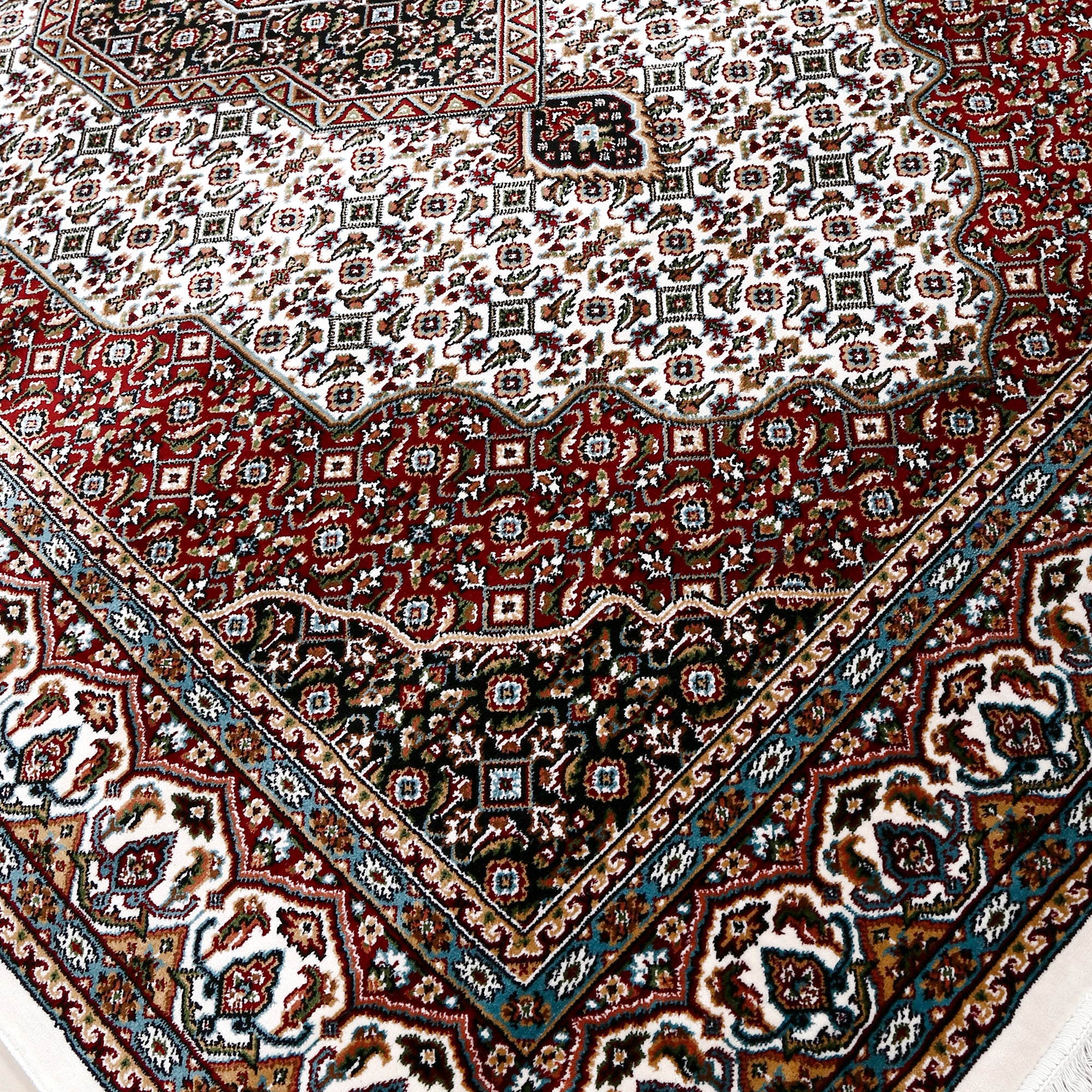 Close-up texture of Ivory Machine Woven Classic Art Silk Rug showing geometric motifs and smooth Art Silk surface