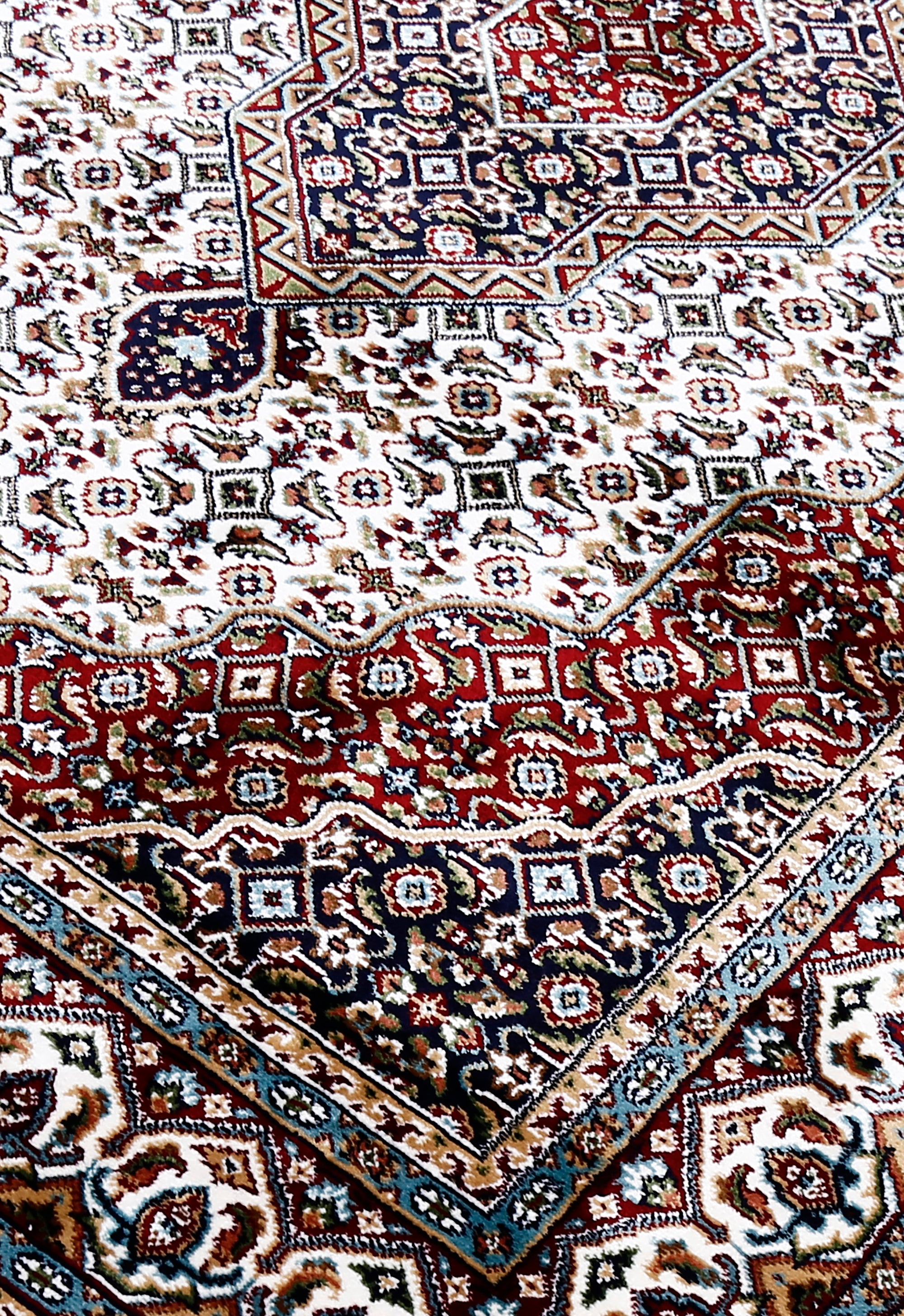 Close-up texture of Ivory Machine Woven Classic Art Silk Rug showing intricate geometric motifs and smooth Art Silk surface