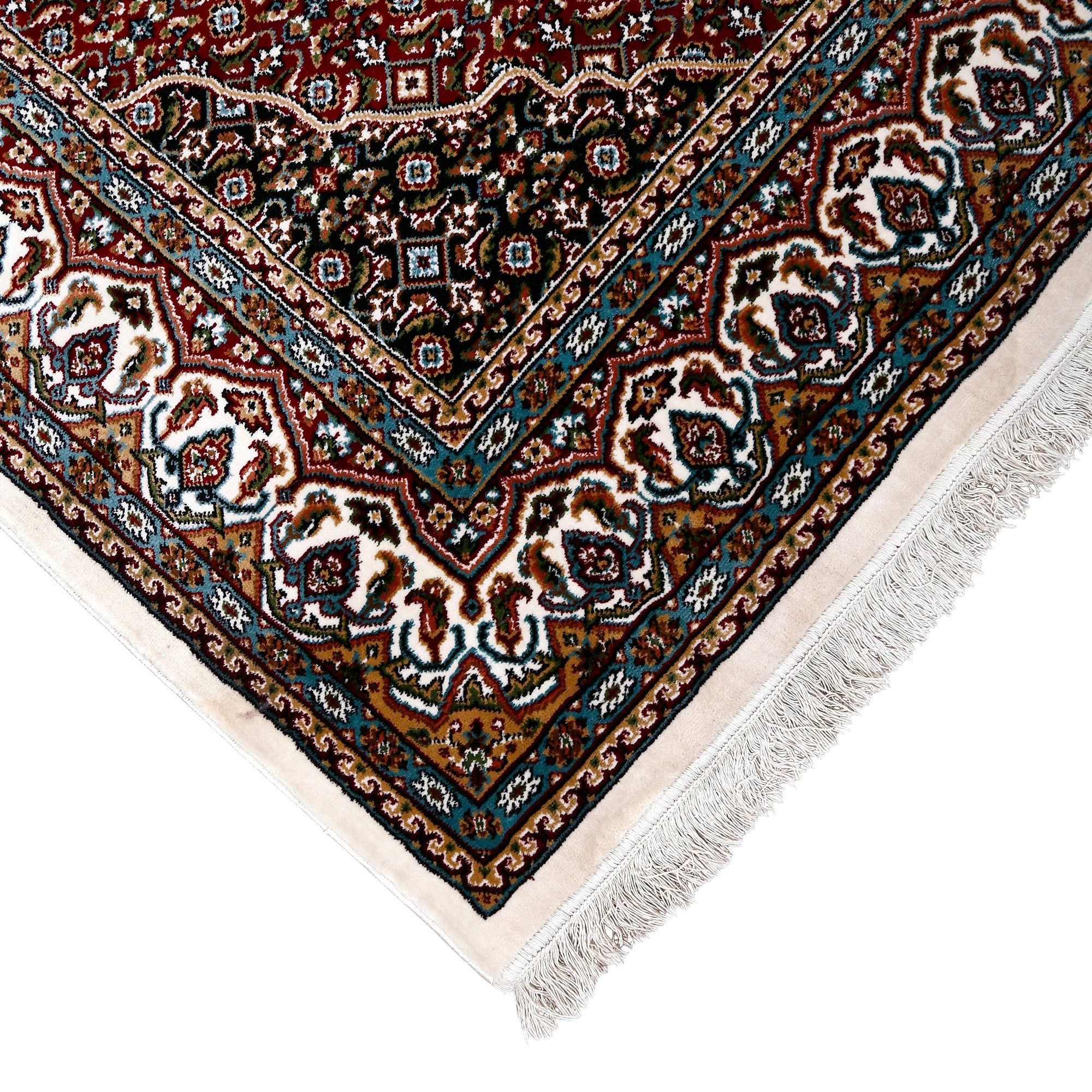 Corner and fringed edge detail of Ivory Geometric Medallion Machine Woven Classic Art Silk Rug