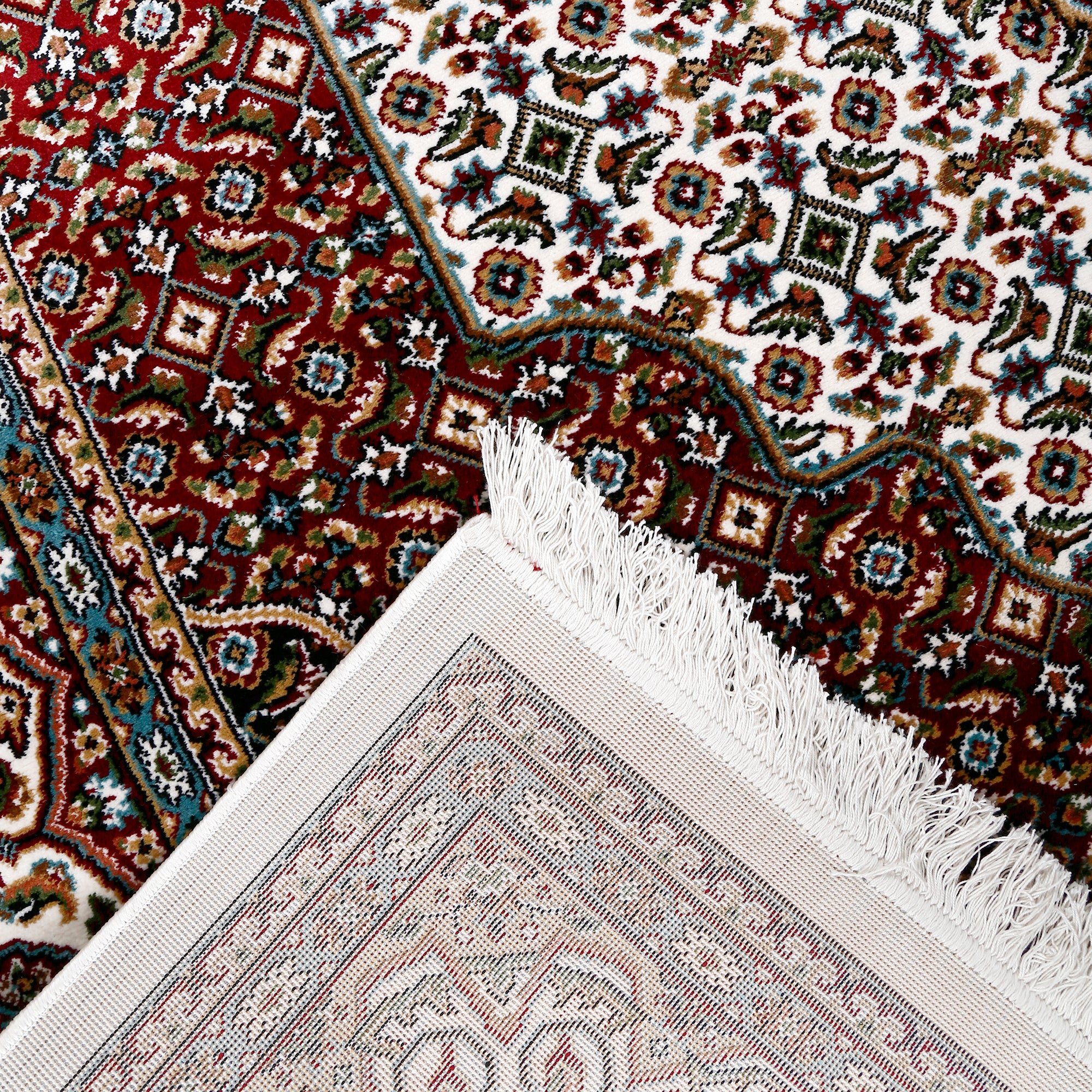 Corner and fringed edge detail of Ivory Geometric Medallion Machine Woven Classic Art Silk Rug