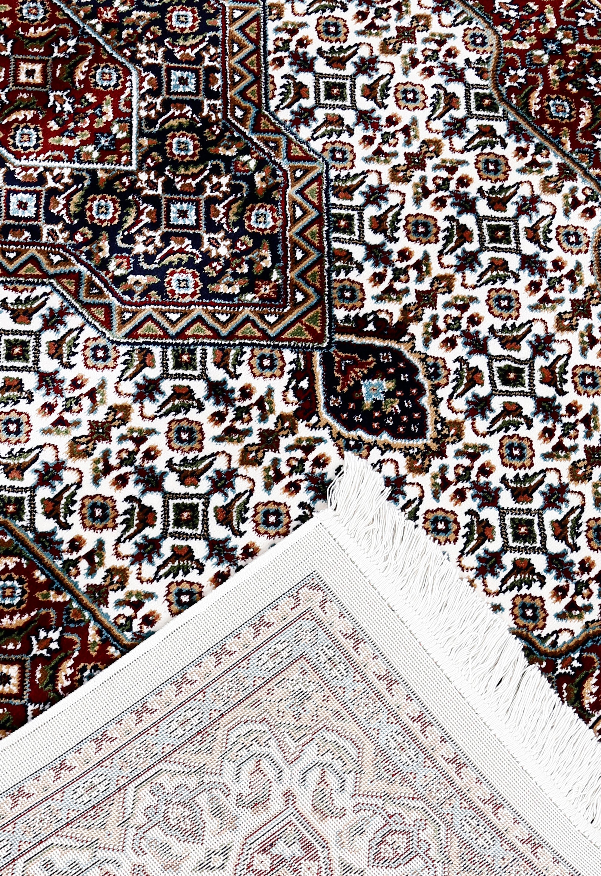 Corner and fringed edge detail of Ivory Geometric Medallion Machine Woven Classic Art Silk Rug