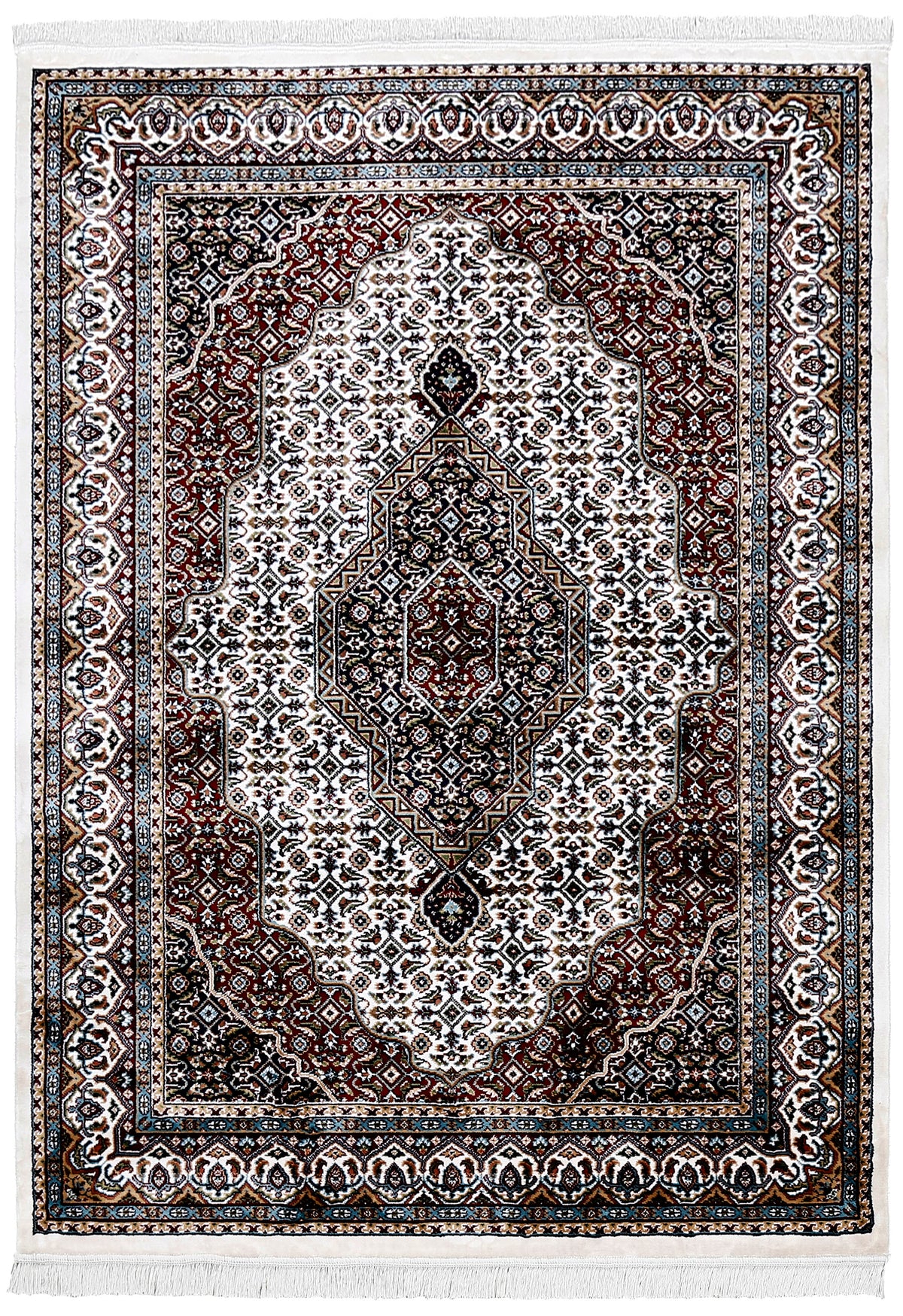 Full view of Ivory Machine Woven Classic Art Silk Rug with geometric medallion and maroon ornamental detailing