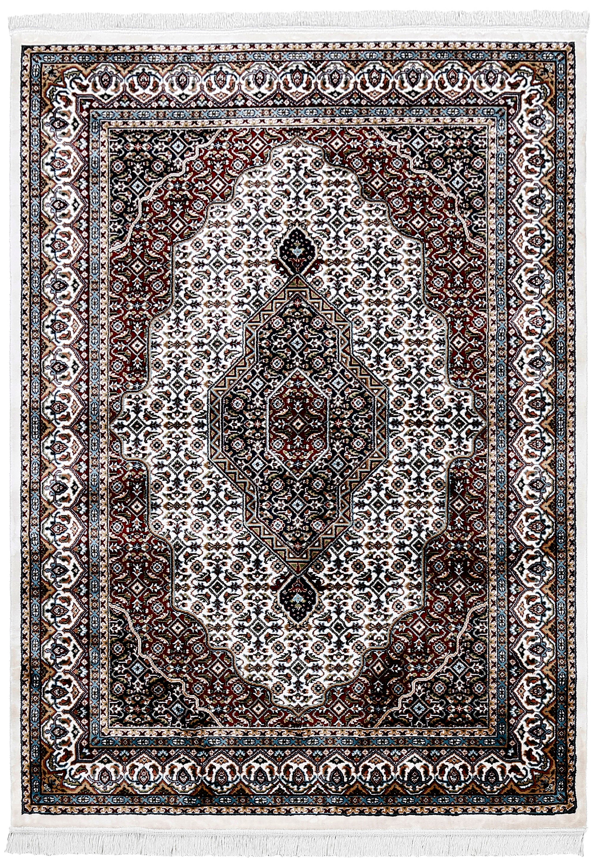 Full view of Ivory Machine Woven Classic Art Silk Rug with geometric medallion and maroon ornamental detailing