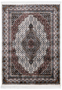 Full view of Ivory Machine Woven Classic Art Silk Rug with geometric medallion and maroon ornamental detailing