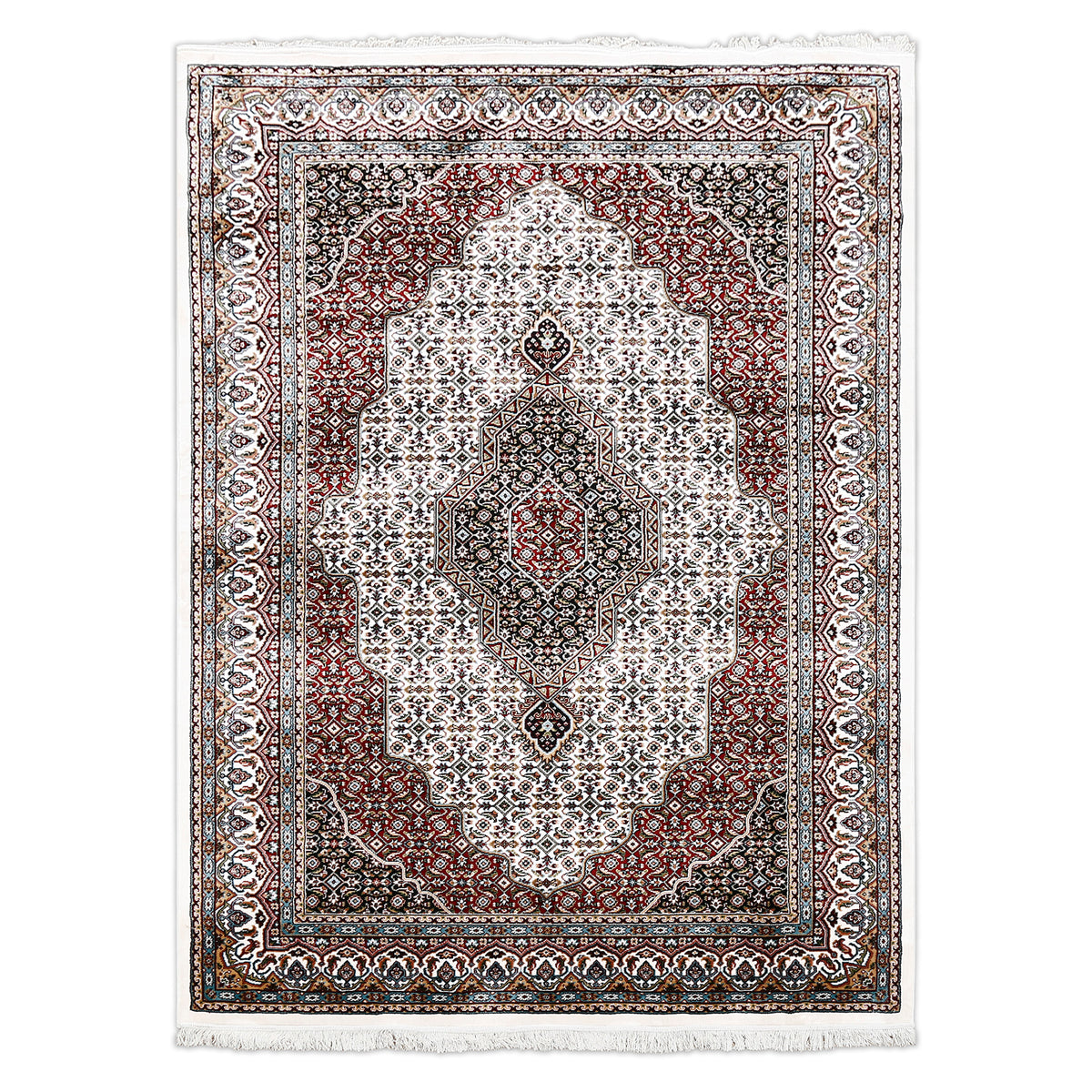Full view of Ivory Machine Woven Classic Art Silk Rug with geometric medallion and layered ornamental borders