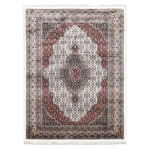 Full view of Ivory Machine Woven Classic Art Silk Rug with geometric medallion and layered ornamental borders