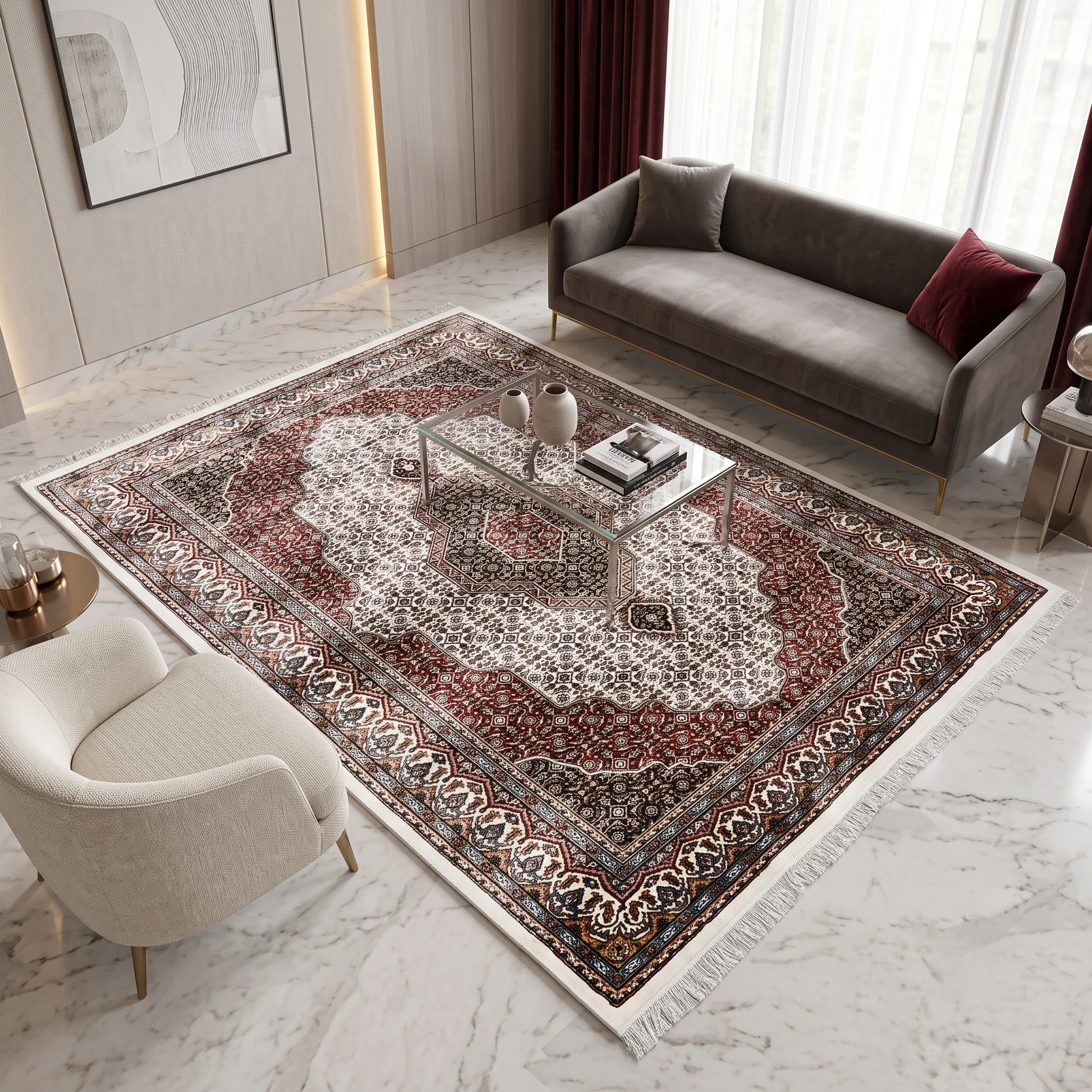 Ivory Geometric Medallion Machine Woven Classic Art Silk Rug styled in an elegant interior by Khushi Living