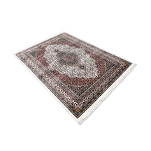 Side angle view of Ivory Geometric Medallion Machine Woven Classic Art Silk Rug by Khushi Living