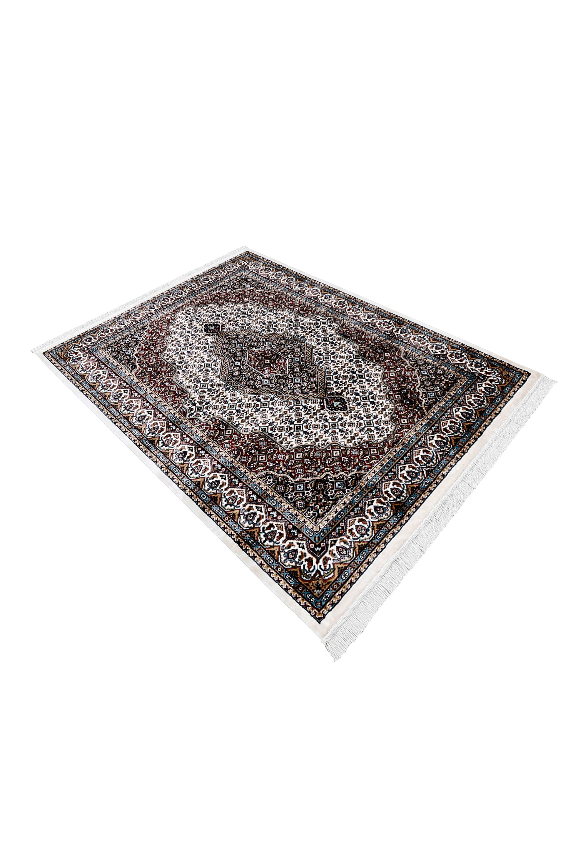Side angle view of Ivory Geometric Medallion Machine Woven Classic Art Silk Rug by Khushi Living