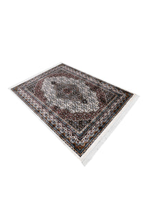 Side angle view of Ivory Geometric Medallion Machine Woven Classic Art Silk Rug by Khushi Living
