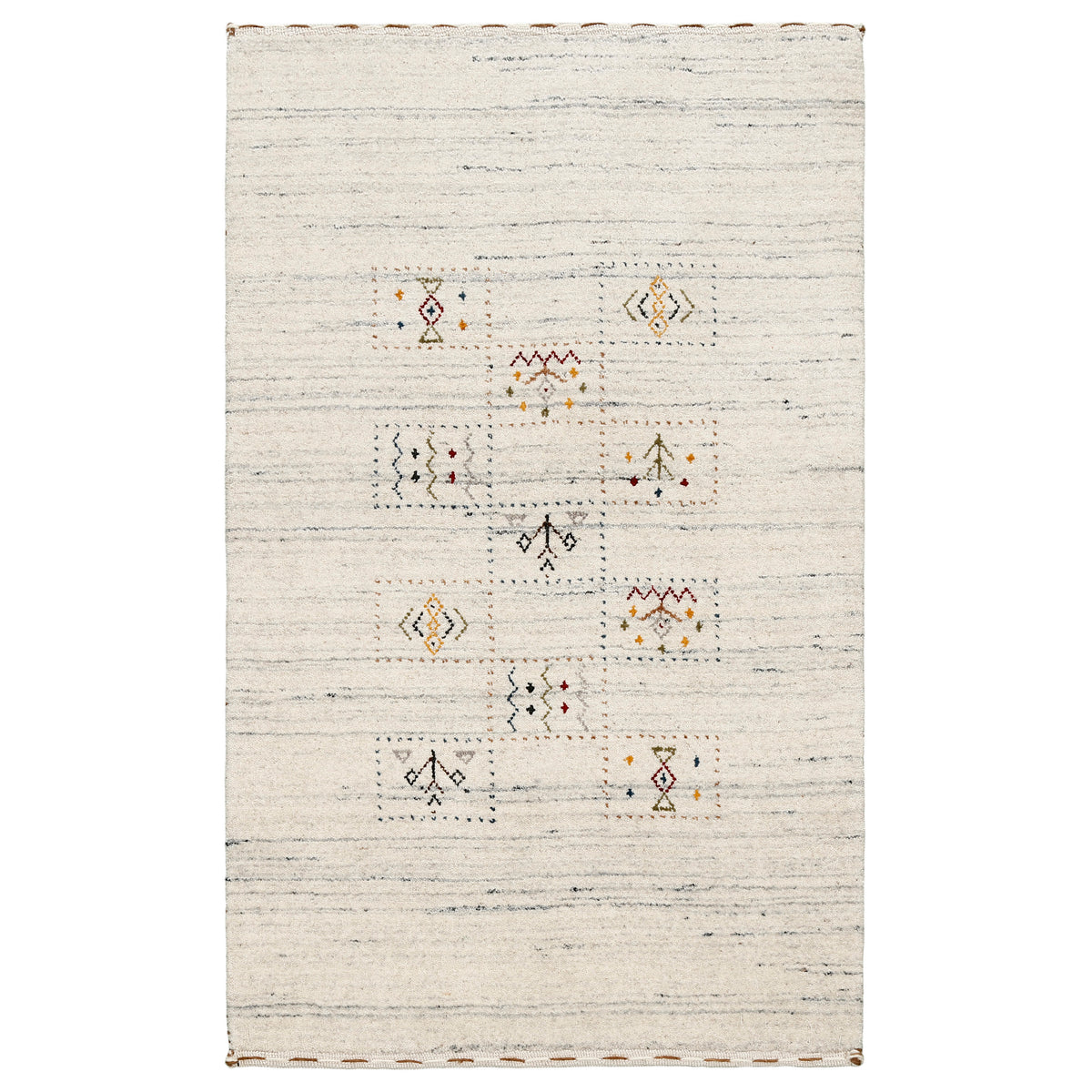 Full view of ivory cream Hand Woven Loom Lori wool rug with grey-blue striations and central geometric folk motif panels