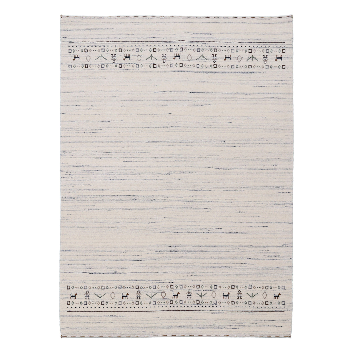 Full view of ivory Hand Woven Loom Lori wool rug with spacious centre, grey striations and tribal motif bands