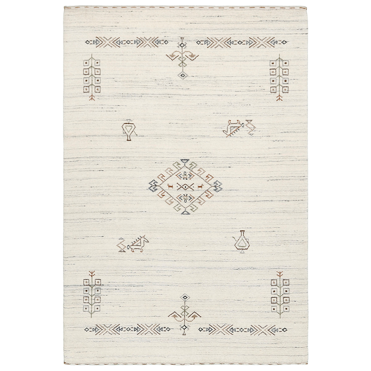 Full view of ivory cream Hand Woven Loom Lori wool rug with grey striations, central diamond medallion and geometric folk motifs