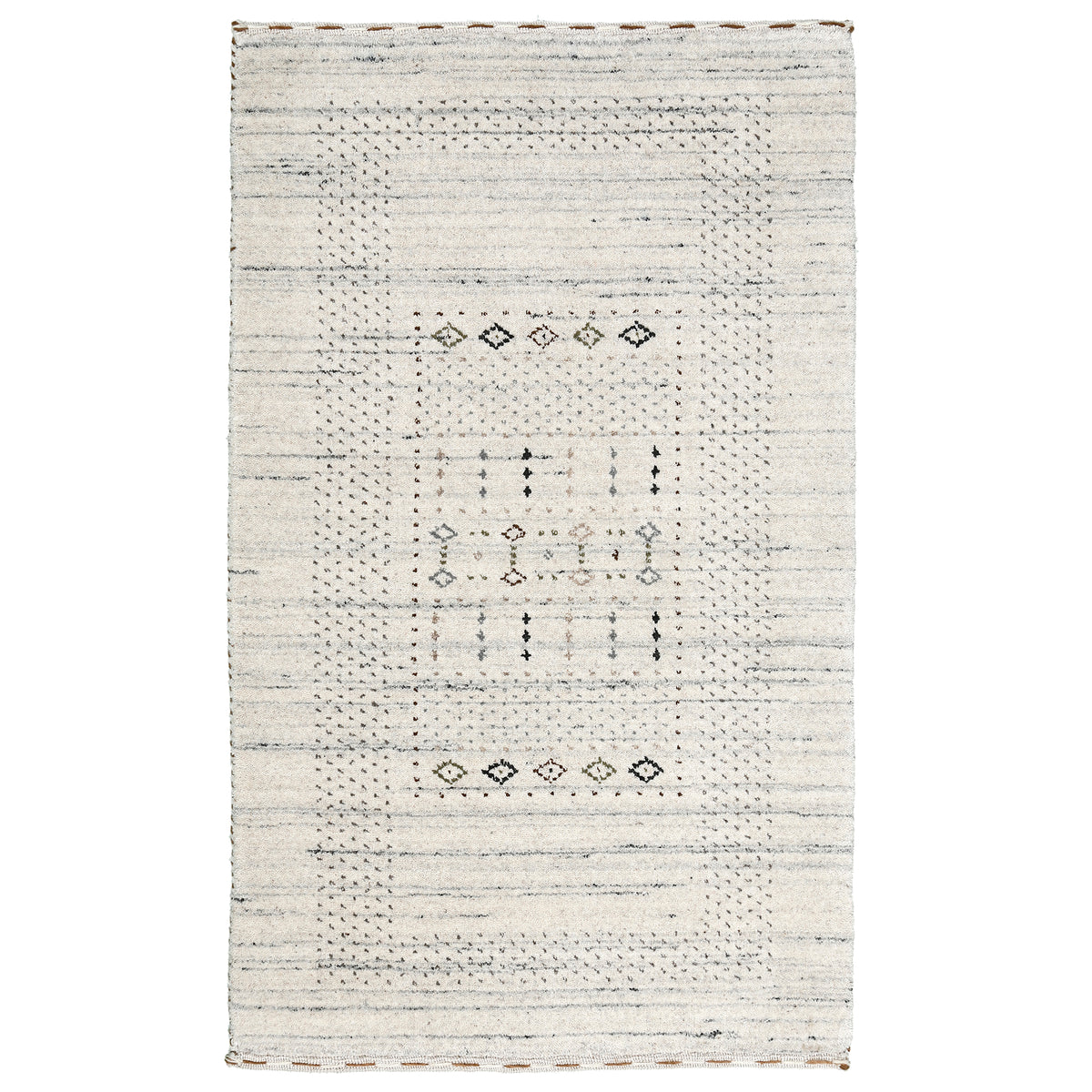 Full view of ivory Hand Woven Loom Lori wool rug with grey striations and earthy tribal geometric motifs