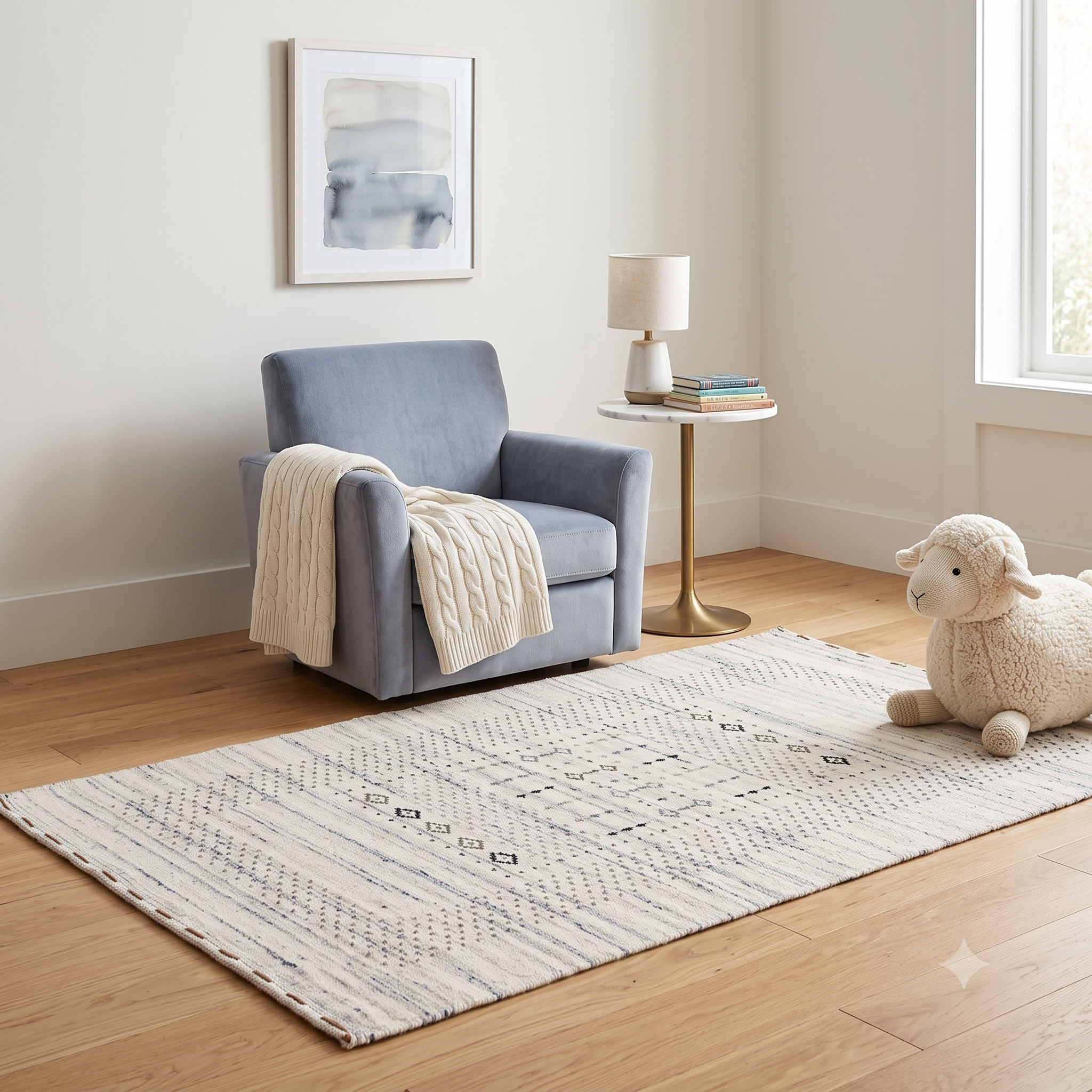 Ivory Hand Woven Loom Lori wool rug with subtle tribal geometric design styled in an elegant neutral living room
