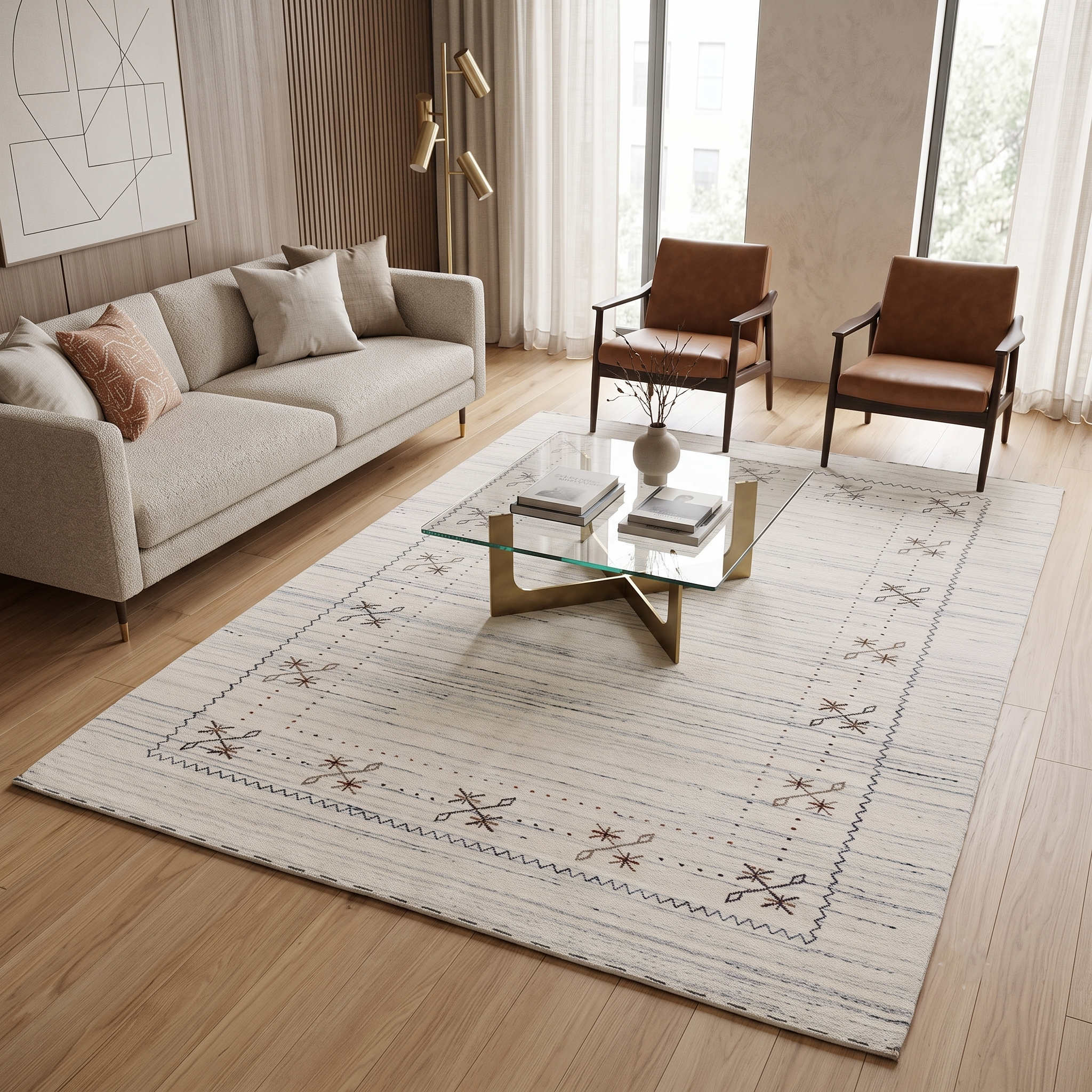Ivory Hand Woven Loom Lori wool rug with minimal floral border design styled in an elegant neutral living room