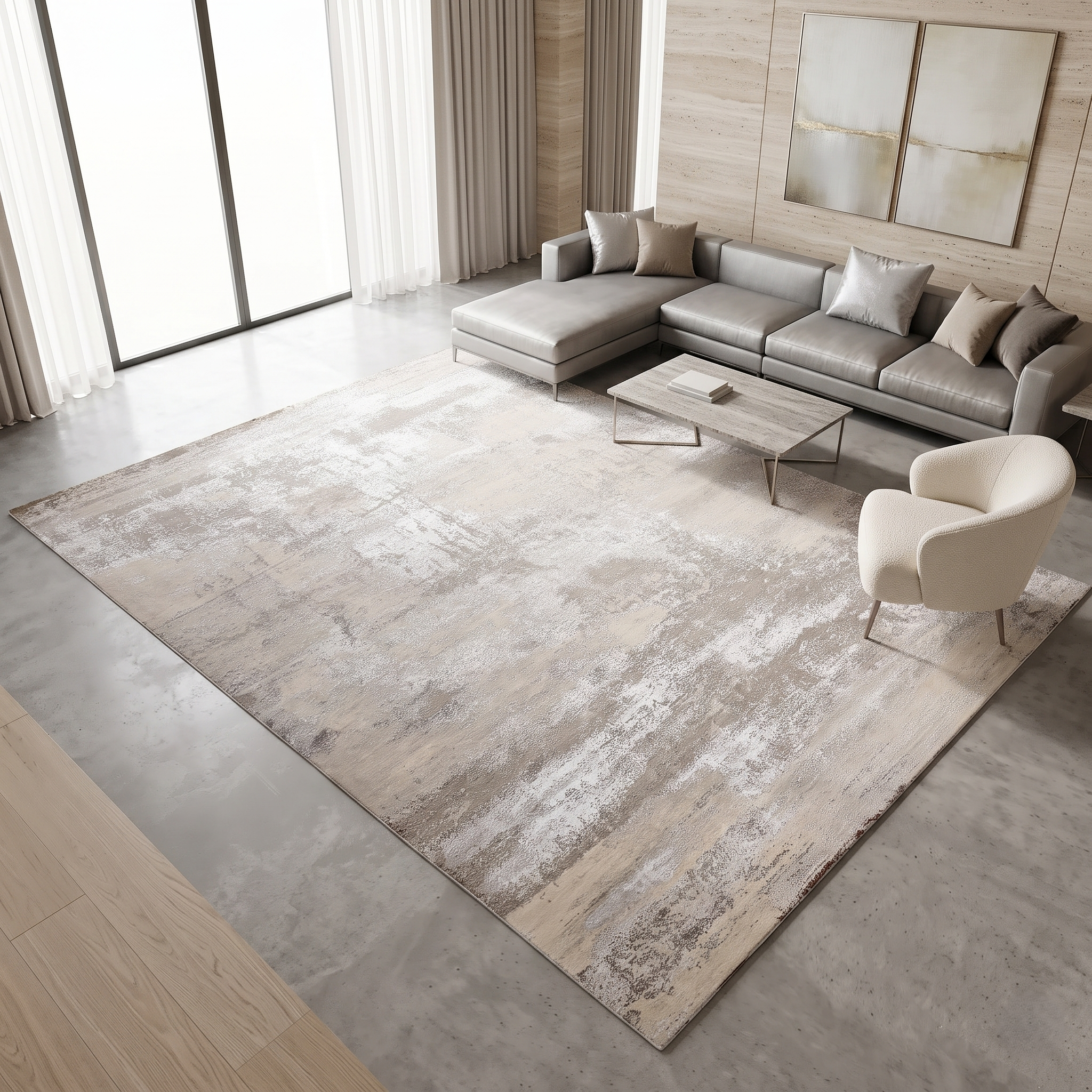 Ivory Haze hand knotted modern wool and viscose rug displayed in a contemporary neutral living room