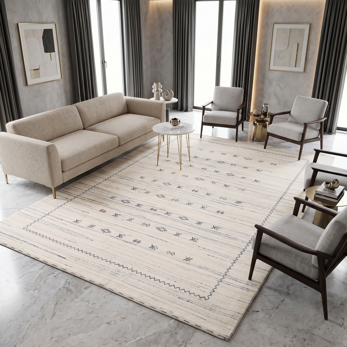 Ivory Hand Woven Loom Lori wool rug with subtle linear texture styled in a calm contemporary living room