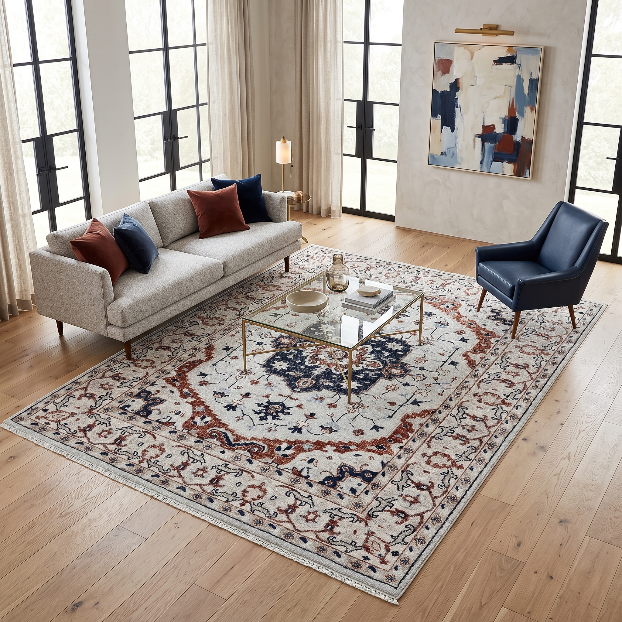 Ivory hand knotted traditional wool rug with navy medallion and rust ornamental border