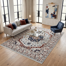 Ivory hand knotted traditional wool rug with navy medallion and rust ornamental border