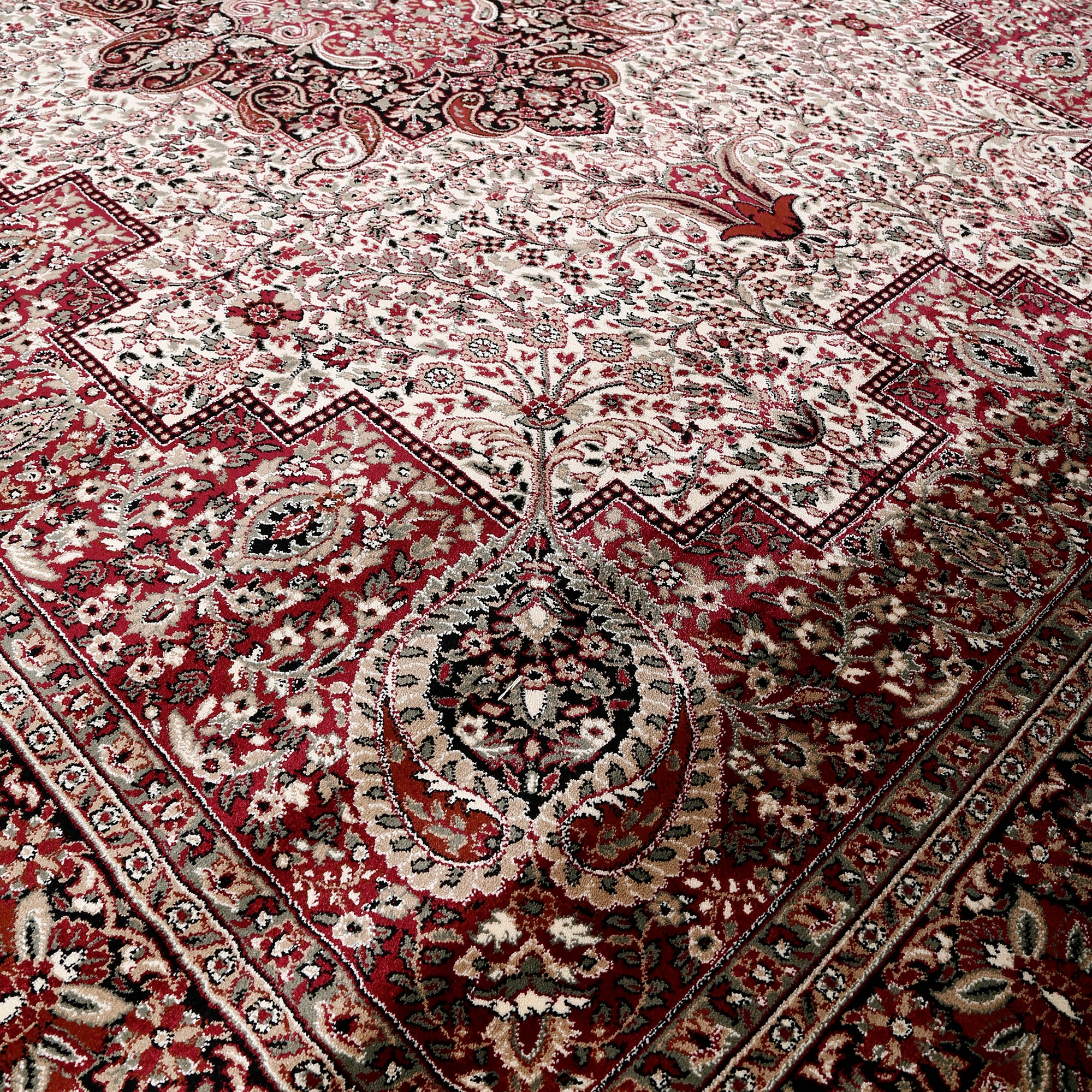 Close-up texture of Ivory Machine Woven Classic Art Silk Rug showing intricate paisley and floral motifs