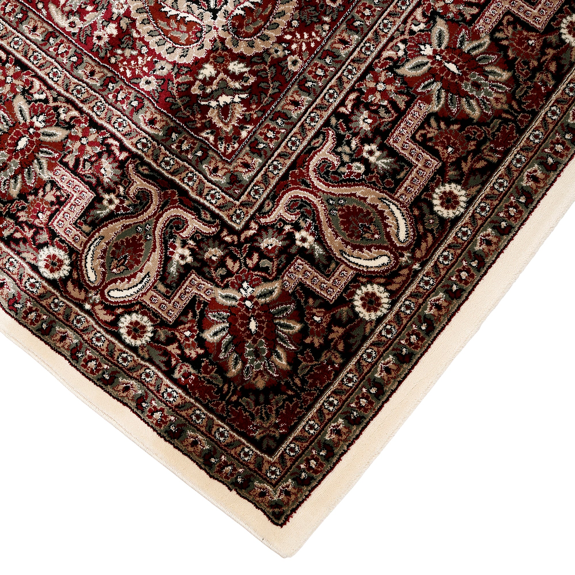 Corner and edge detail of Ivory Paisley Medallion Machine Woven Classic Art Silk Rug with ornamental border