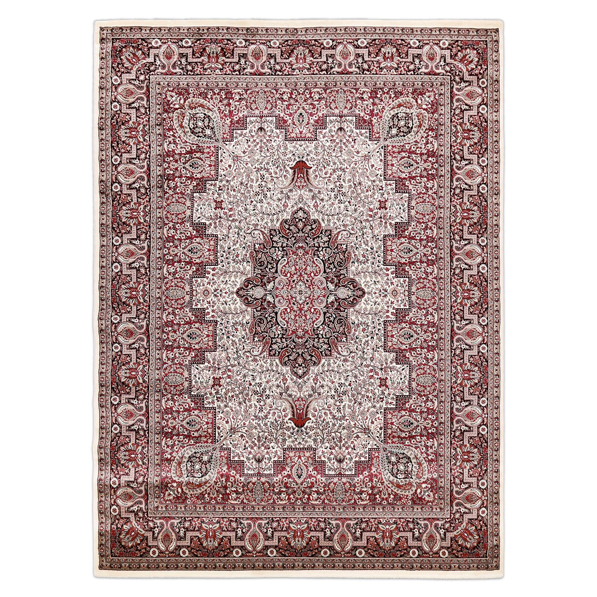 Full view of Ivory Machine Woven Classic Art Silk Rug with black red medallion and rich paisley border