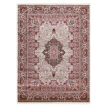 Full view of Ivory Machine Woven Classic Art Silk Rug with black red medallion and rich paisley border