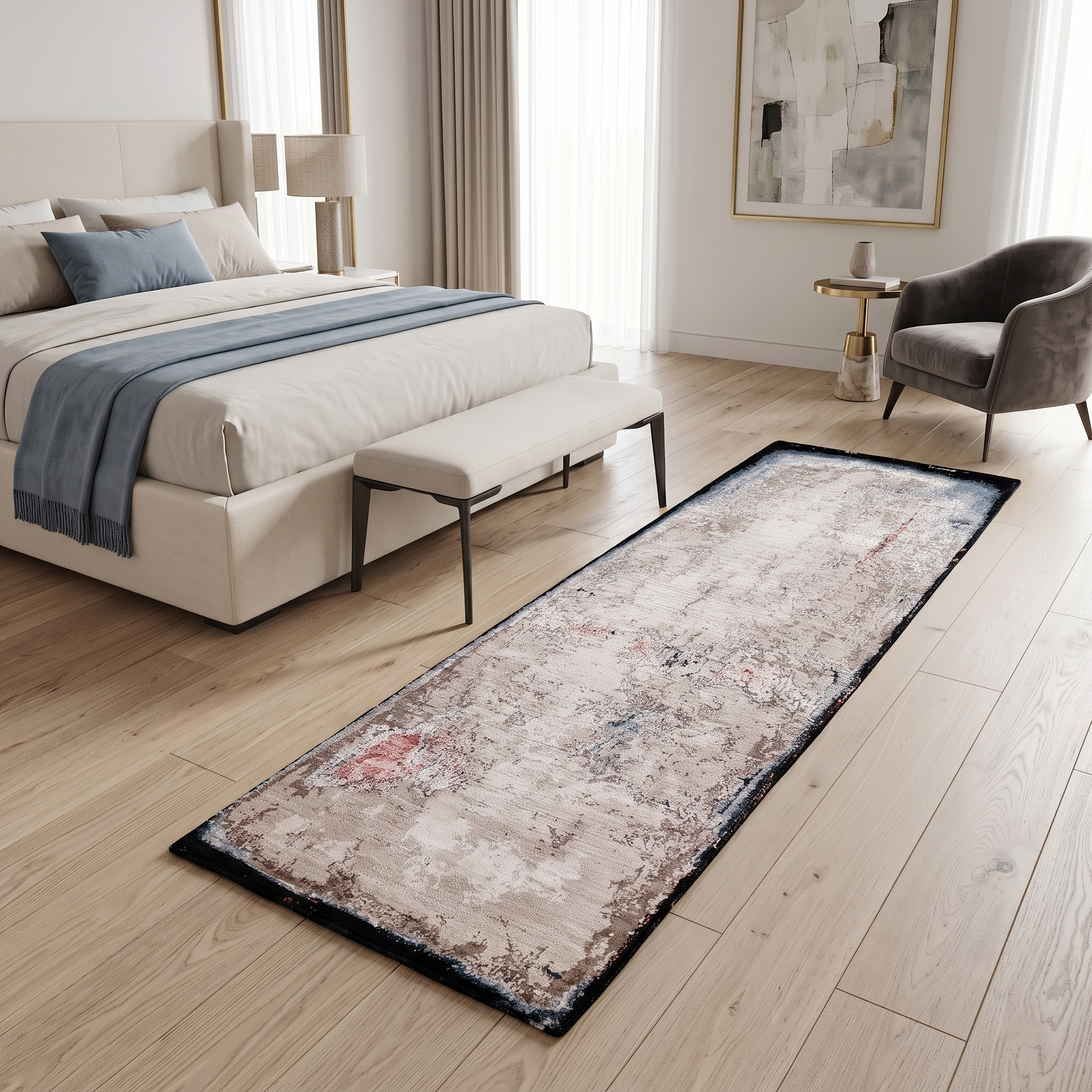 Ivory Shadow hand knotted wool and viscose runner rug displayed in a contemporary hallway