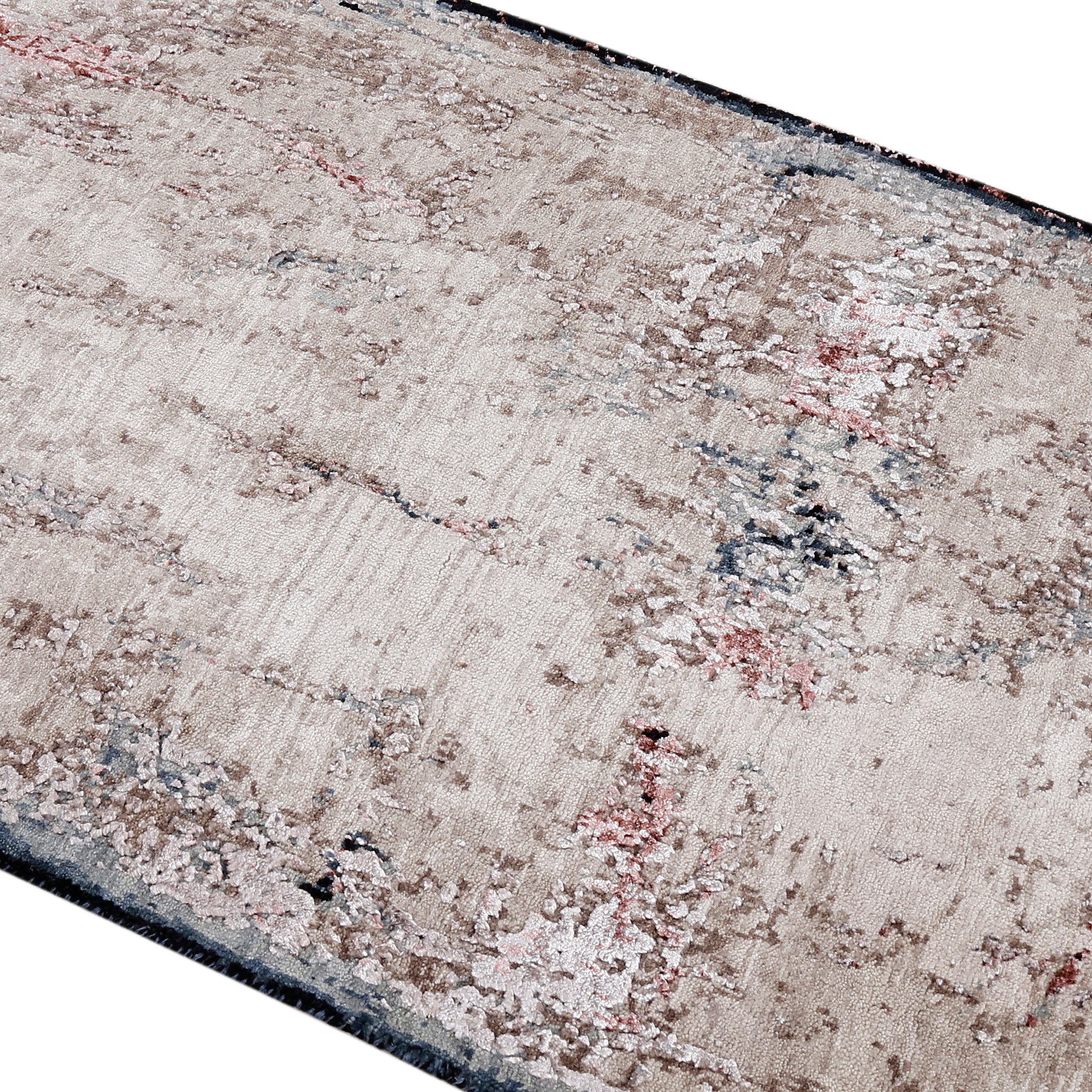 Close-up of Ivory Shadow hand knotted runner rug texture with ivory beige grey blue and rust abstract detailing