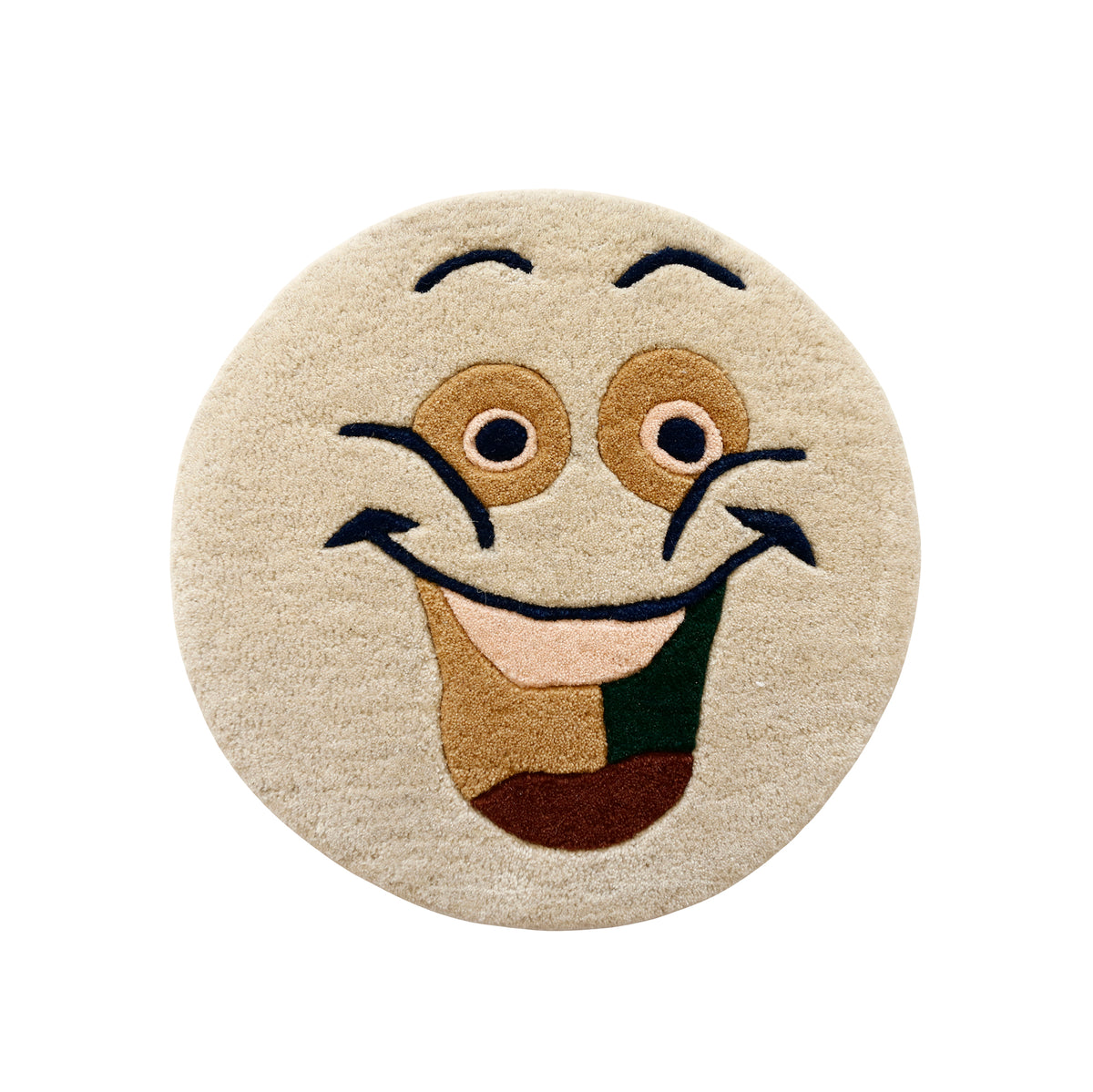 Full view of ivory round hand tufted wool kids rug featuring a cheerful smiley face with navy blue, tan, green and rust details.