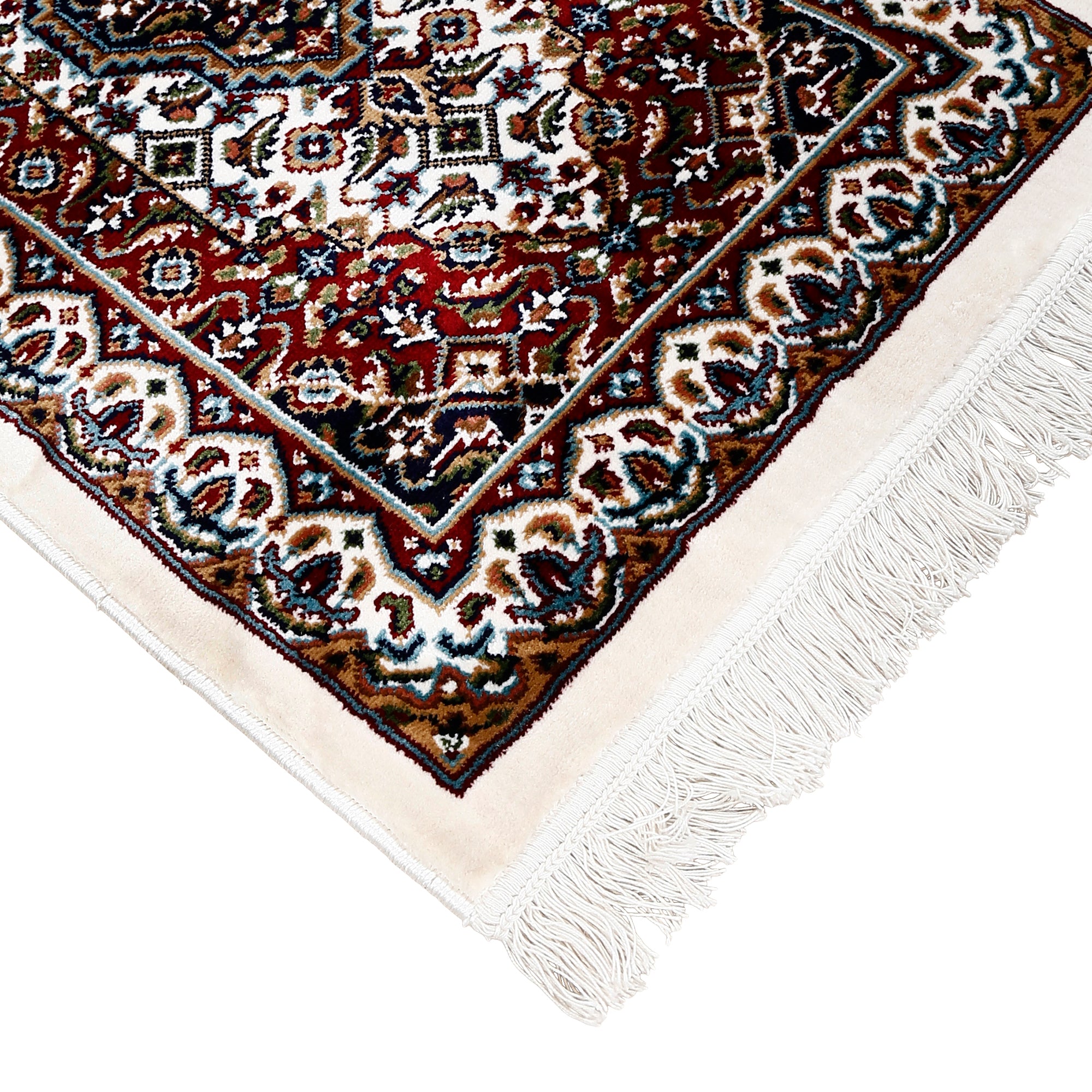 Corner and fringed edge detail of Ivory Triple Medallion Machine Woven Classic Art Silk Runner Rug